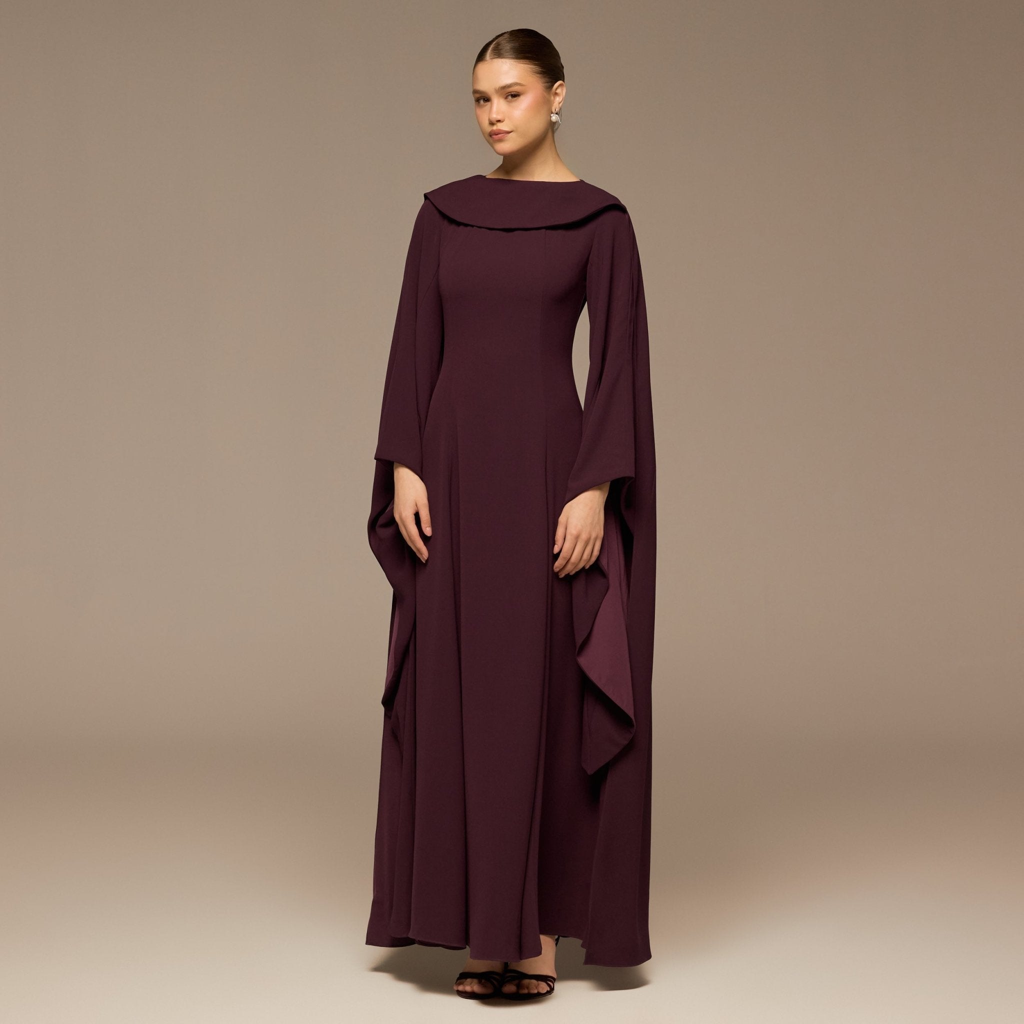 Purple Crepe Folded Collar Cape Dress - shopaleena