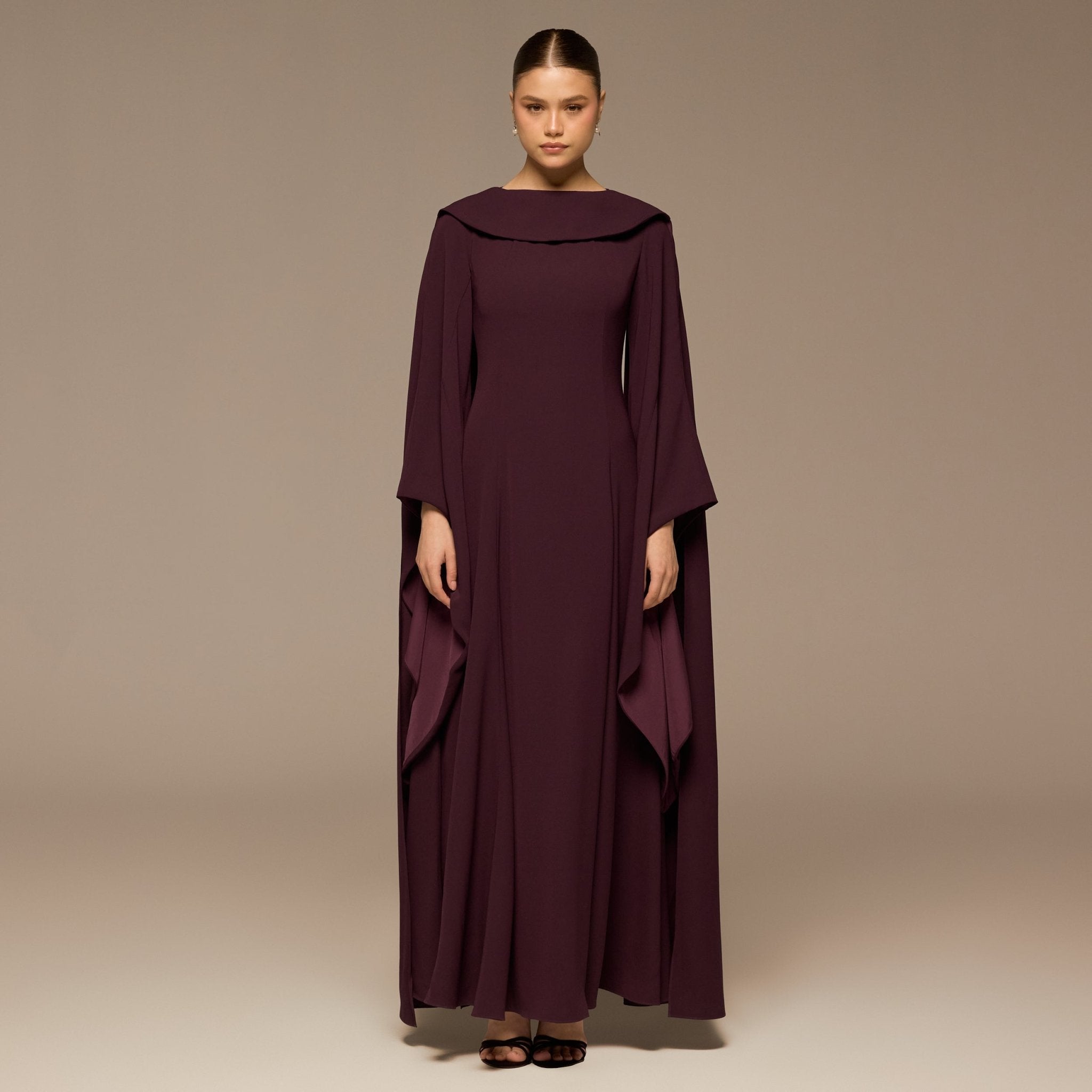 Purple Crepe Folded Collar Cape Dress - shopaleena