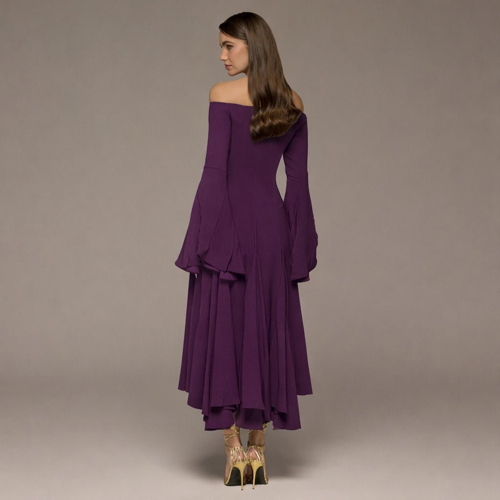 Purple Crepe Off Shoulder A - line Midi Dress - shopaleena