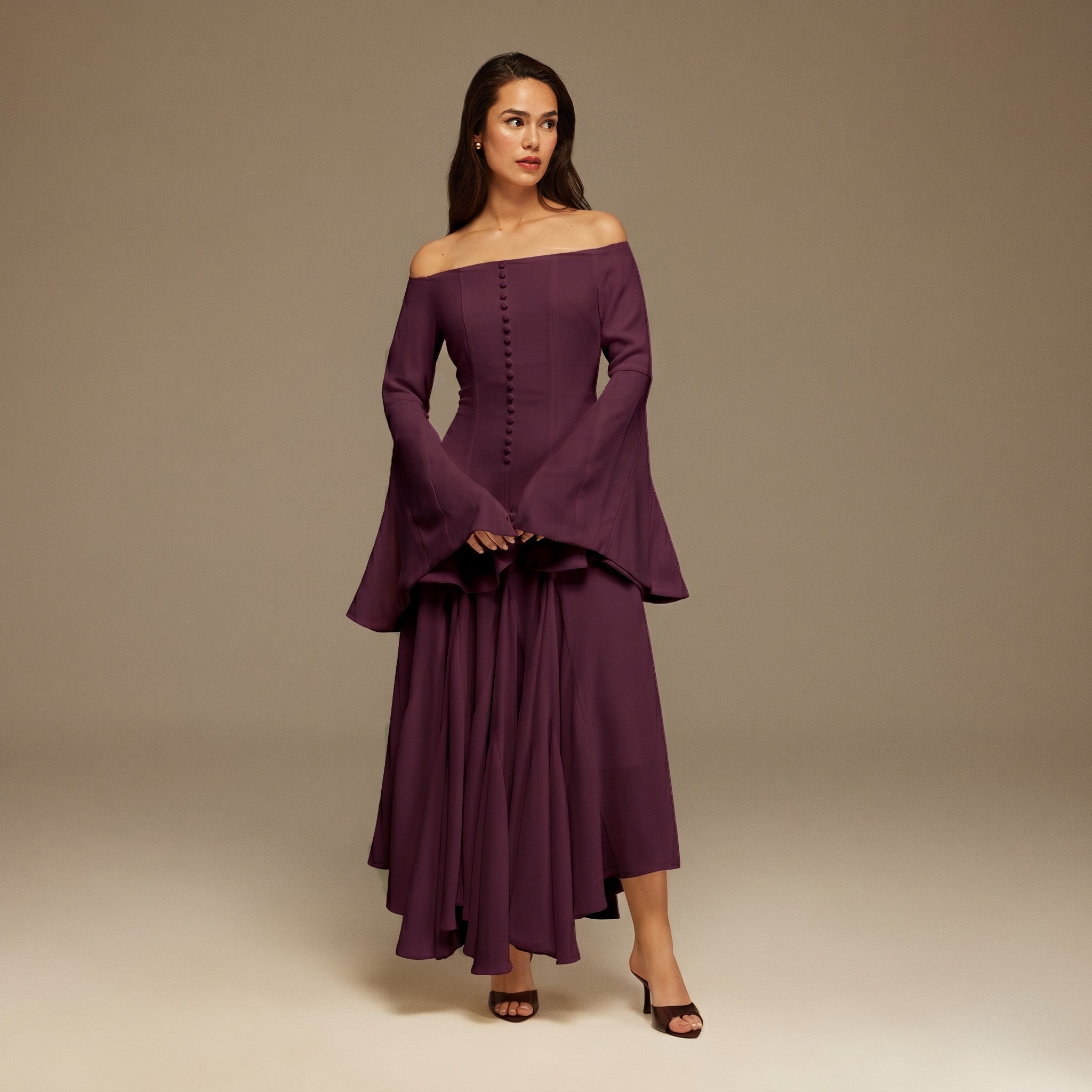 Purple Crepe Off Shoulder A - line Midi Dress - shopaleena