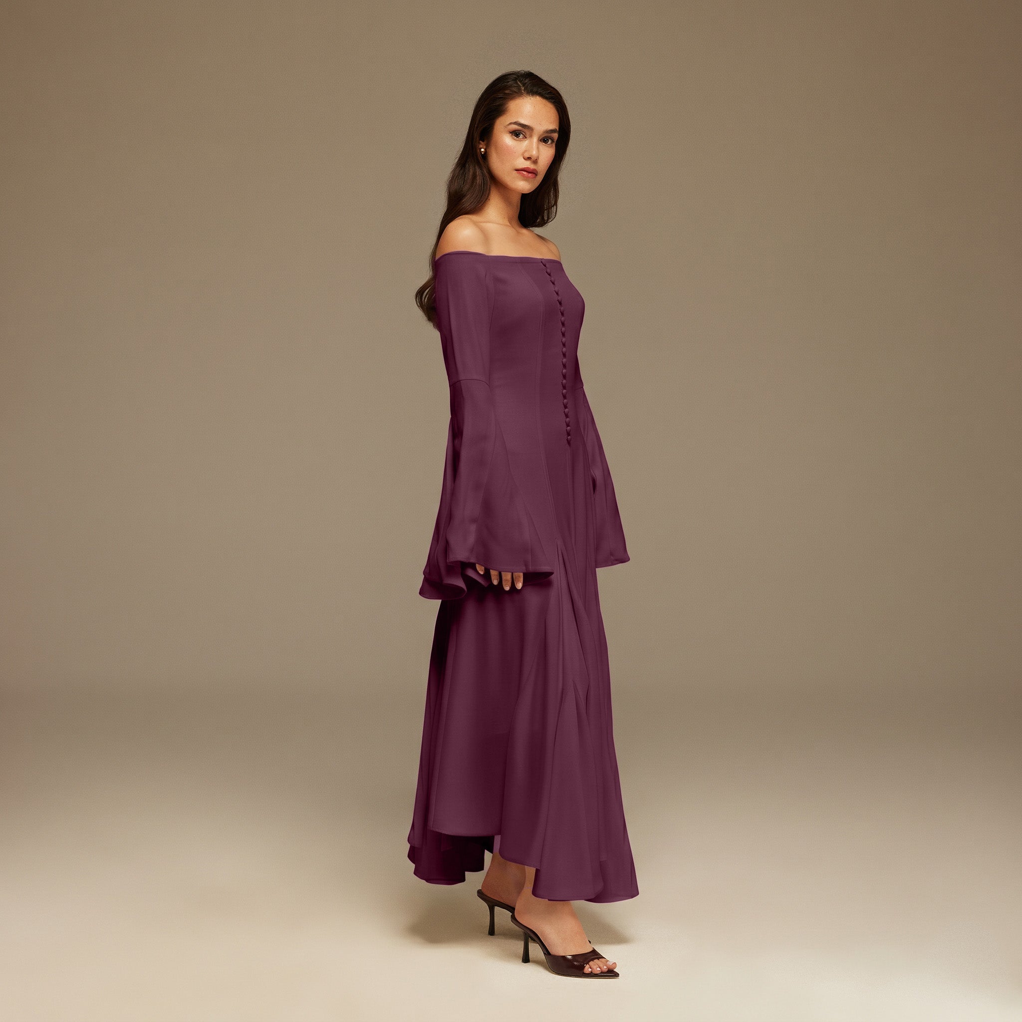 Purple Crepe Off Shoulder A - line Midi Dress - shopaleena