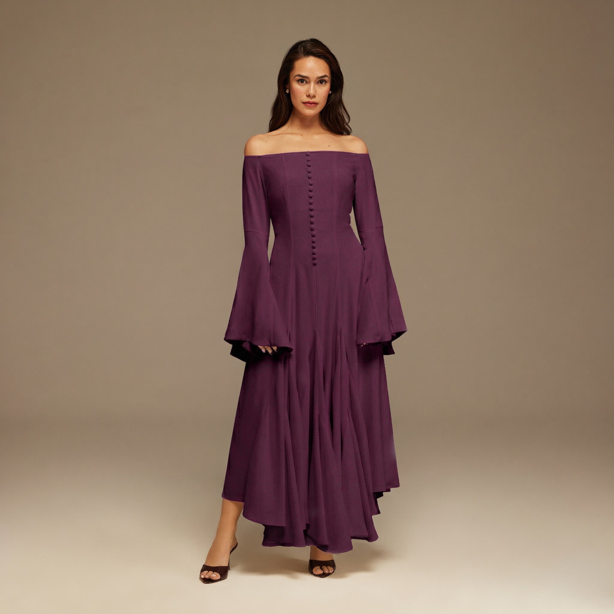 Purple Crepe Off Shoulder A - line Midi Dress - shopaleena