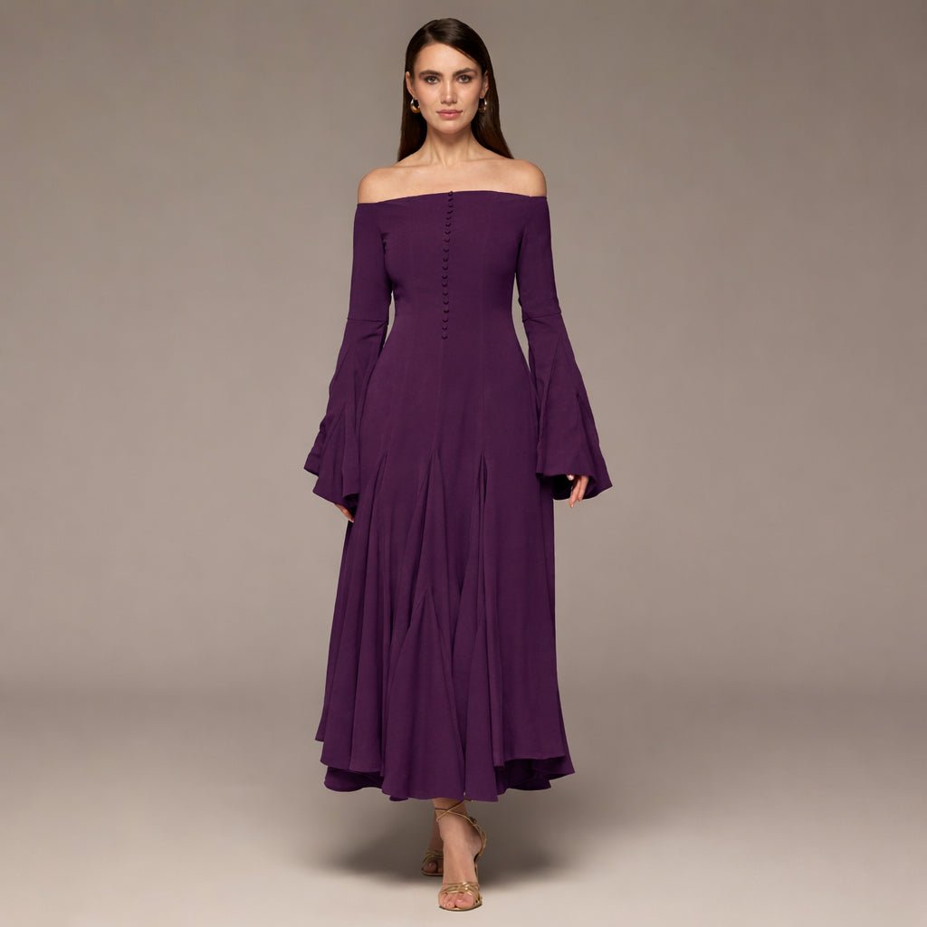 Purple Crepe Off Shoulder A - line Midi Dress - shopaleena