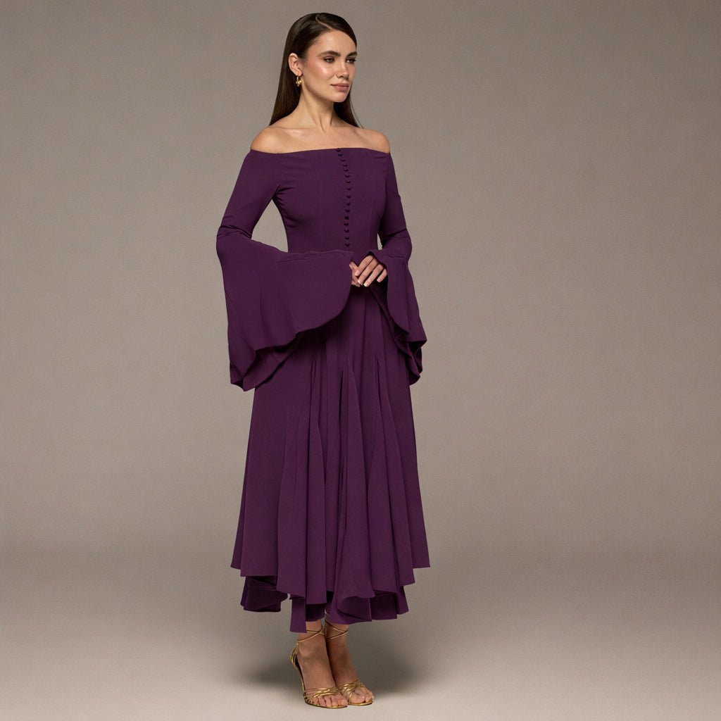 Purple Crepe Off Shoulder A - line Midi Dress - shopaleena