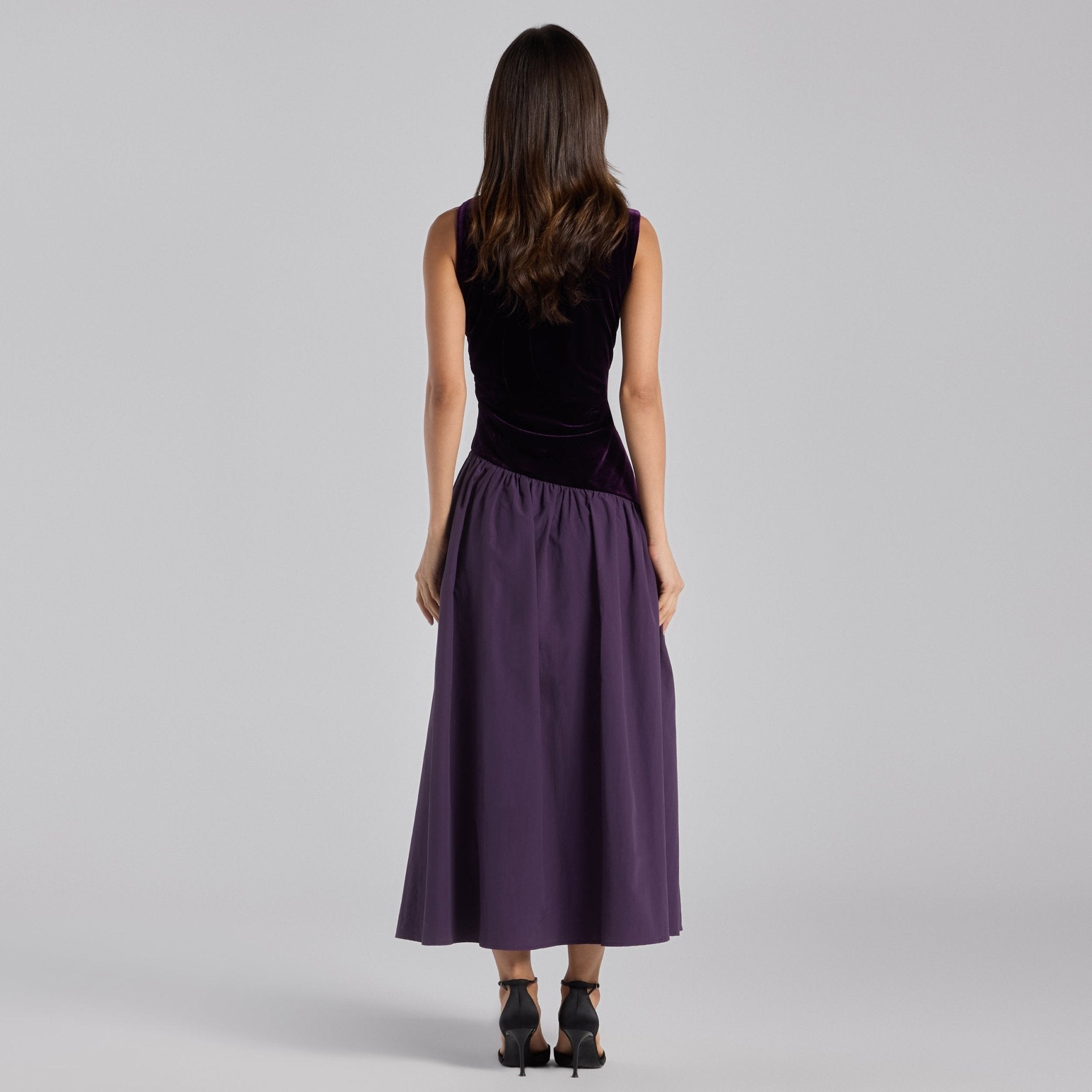 Purple Draped Velvet Midi Dress - shopaleena