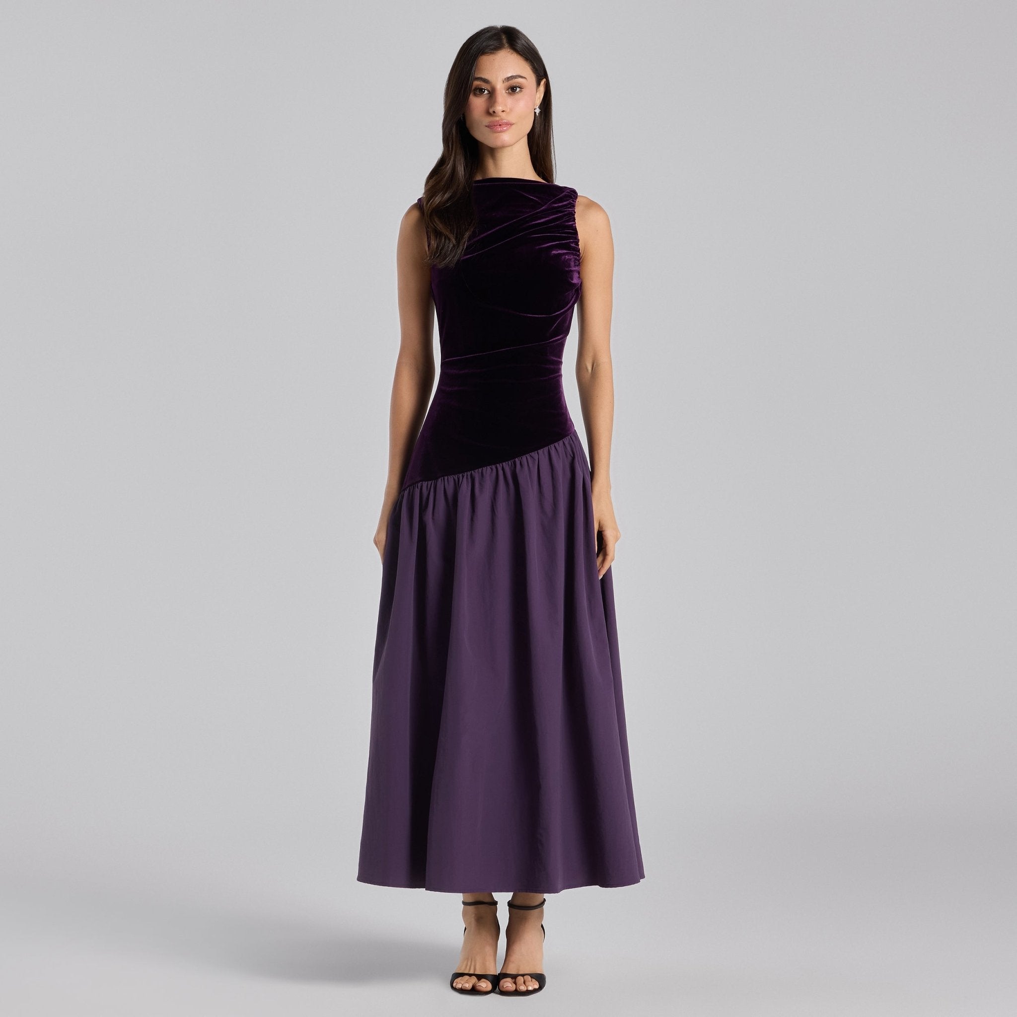 Purple Draped Velvet Midi Dress - shopaleena