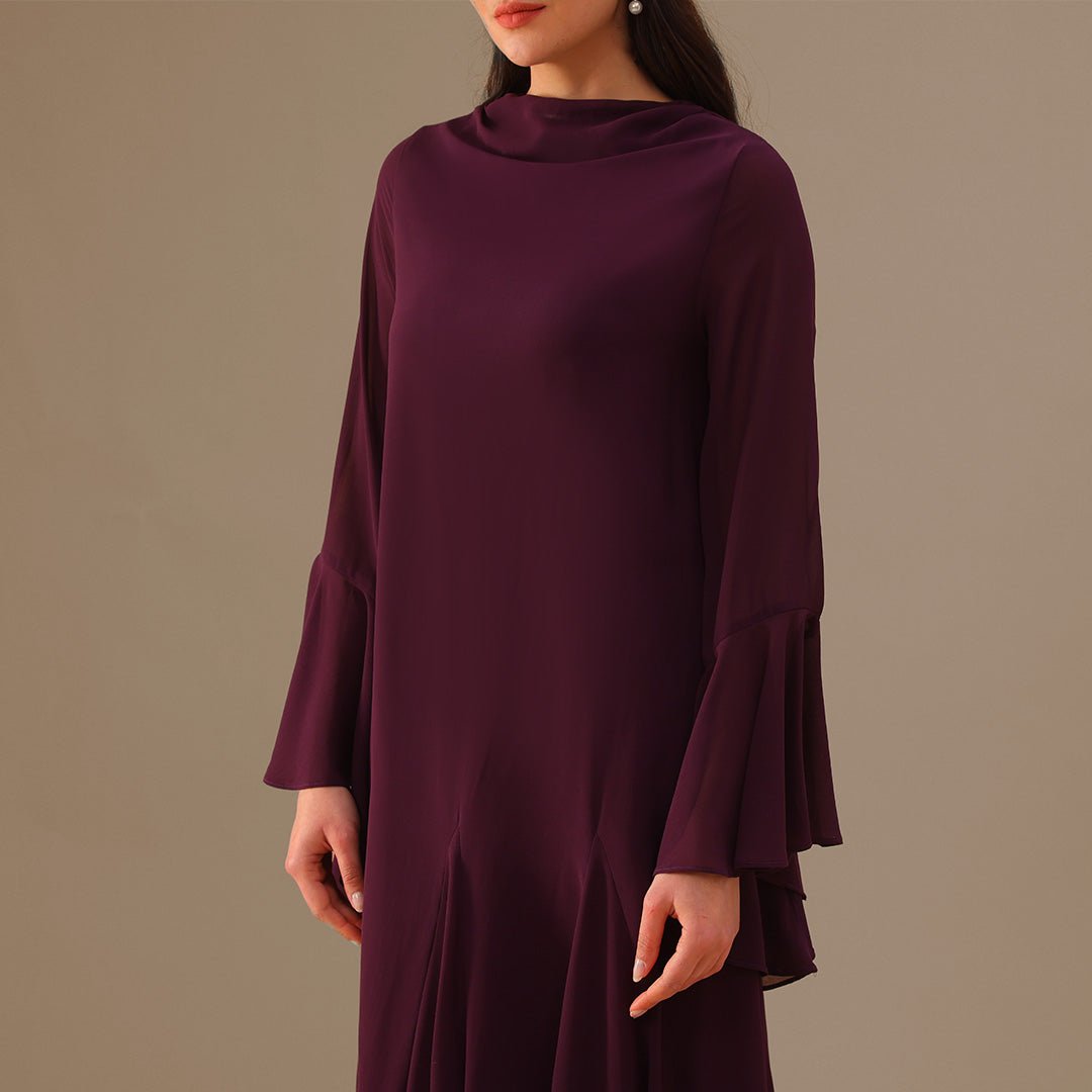 Purple Flared Long Sleeve Chiffon Maxi Dress - shopaleena