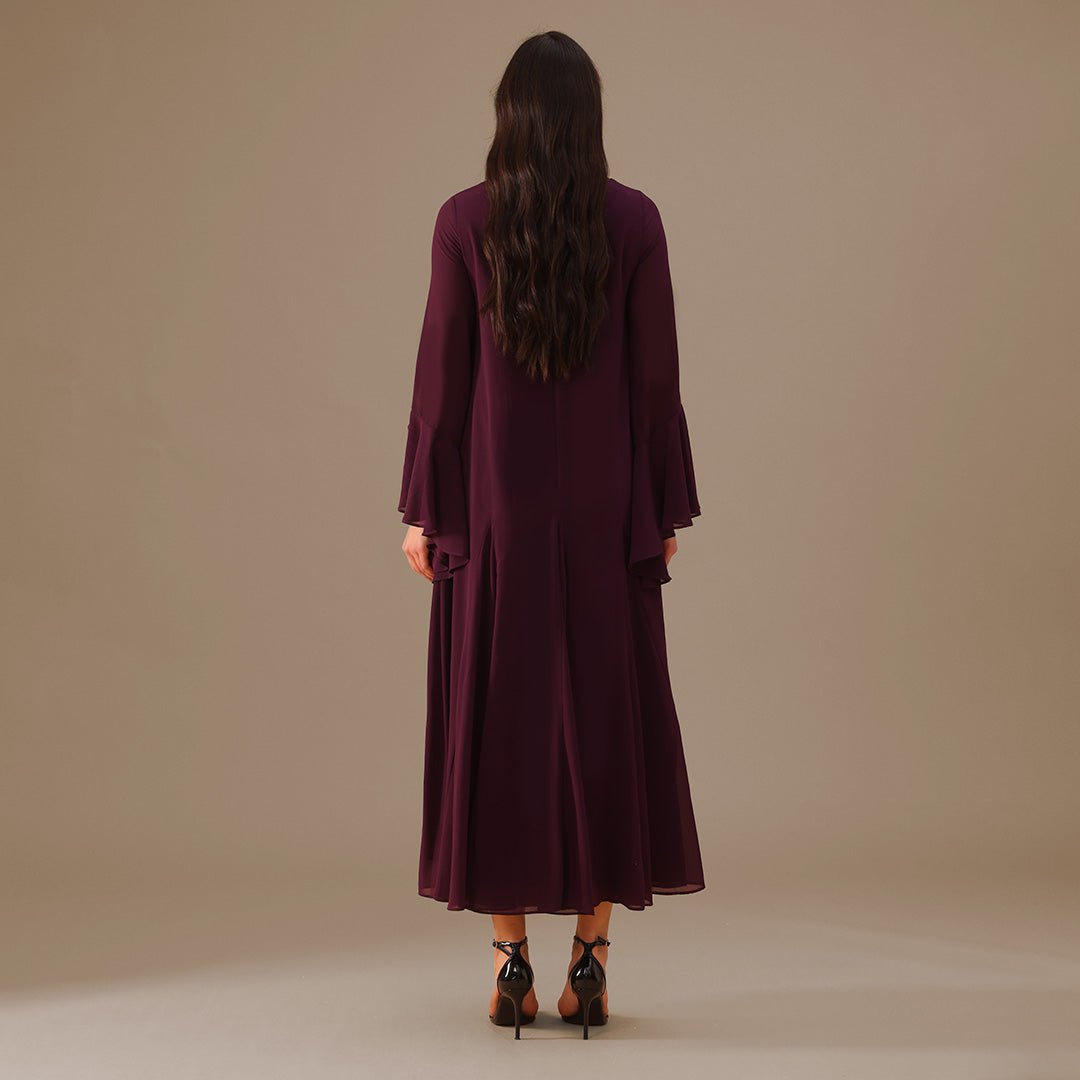 Purple Flared Long Sleeve Chiffon Maxi Dress - shopaleena