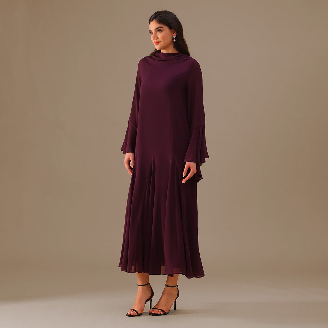 Purple Flared Long Sleeve Chiffon Maxi Dress - shopaleena