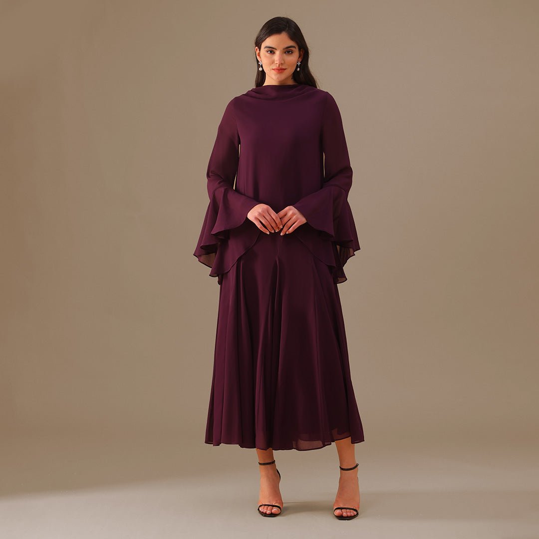Purple Flared Long Sleeve Chiffon Maxi Dress - shopaleena