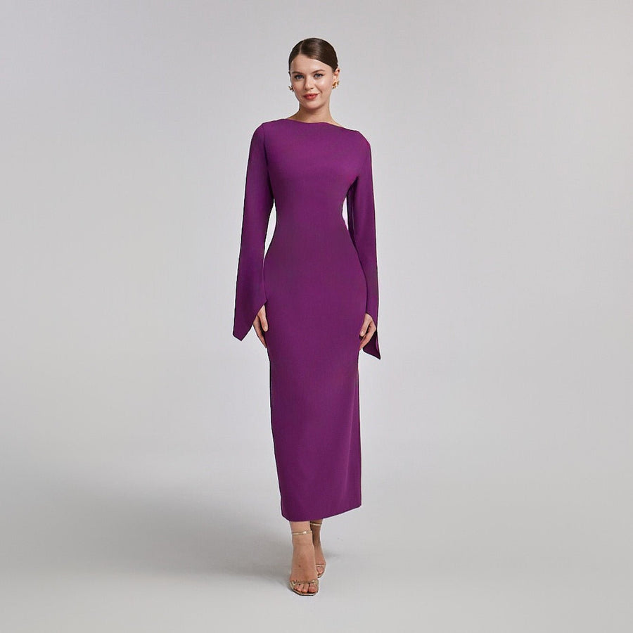 Purple Flared Long Sleeve Maxi Dress - shopaleena