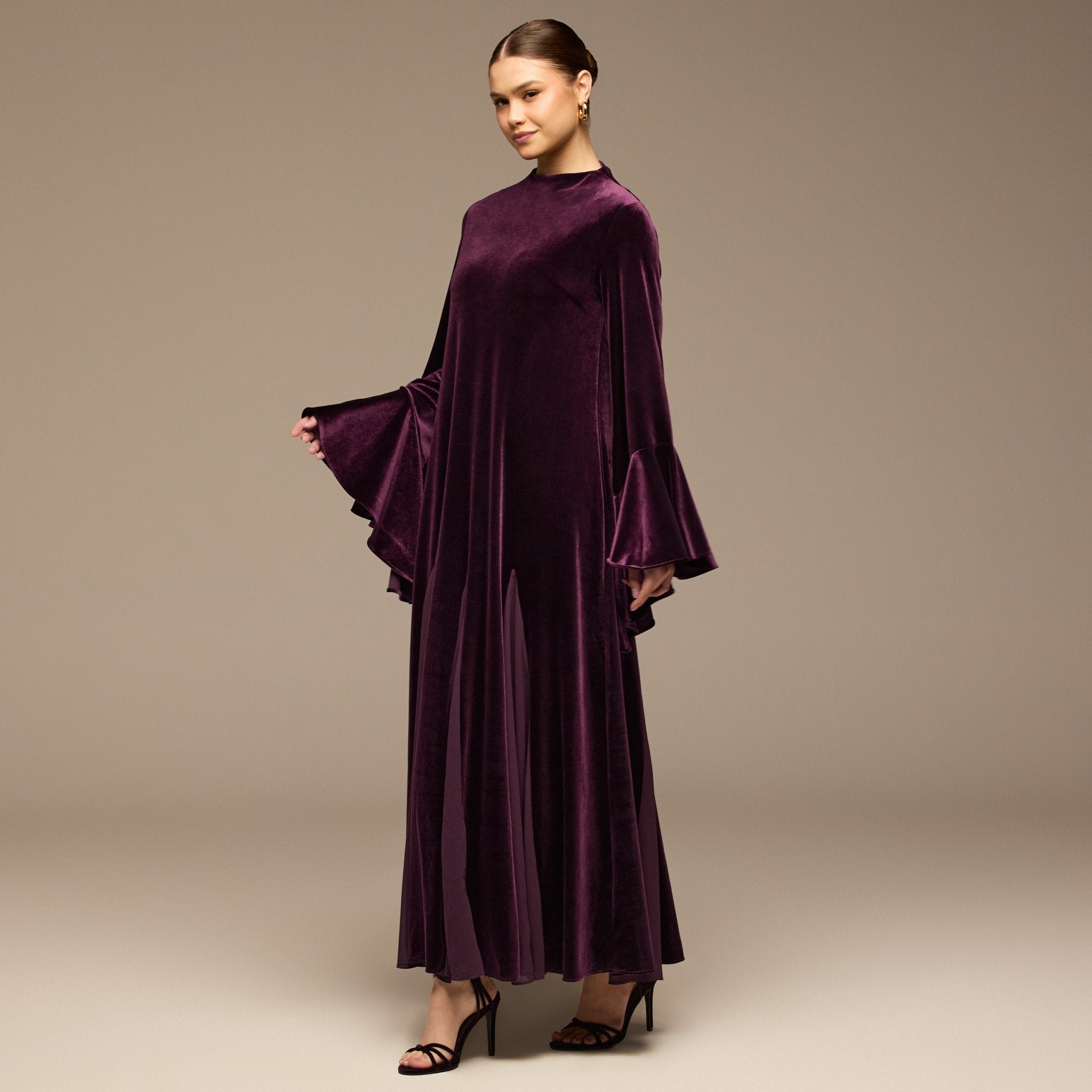 Purple High Neck Velvet Maxi Dress with Flared Sleeves - shopaleena