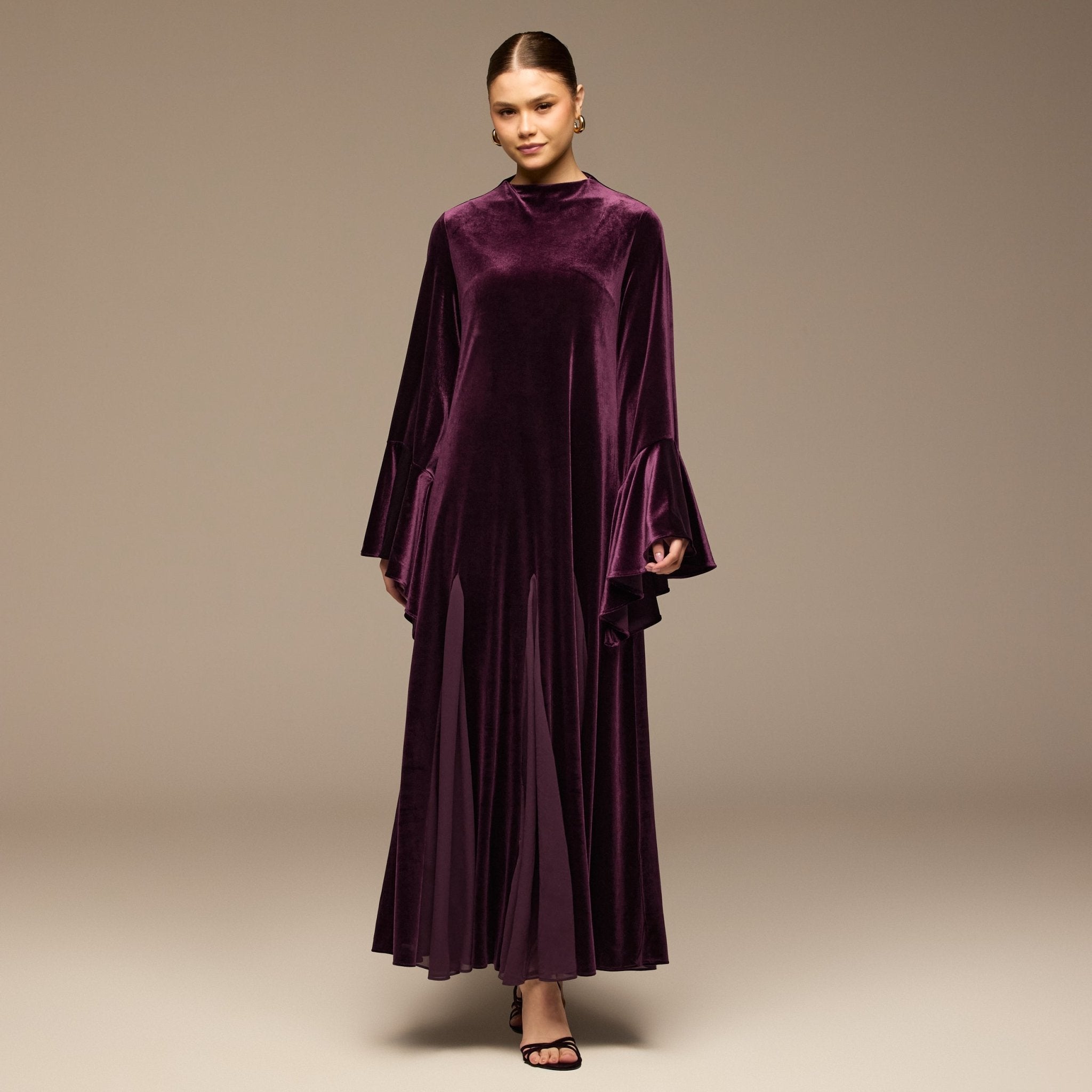 Purple High Neck Velvet Maxi Dress with Flared Sleeves - shopaleena