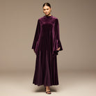 Purple High Neck Velvet Maxi Dress with Flared Sleeves - shopaleena