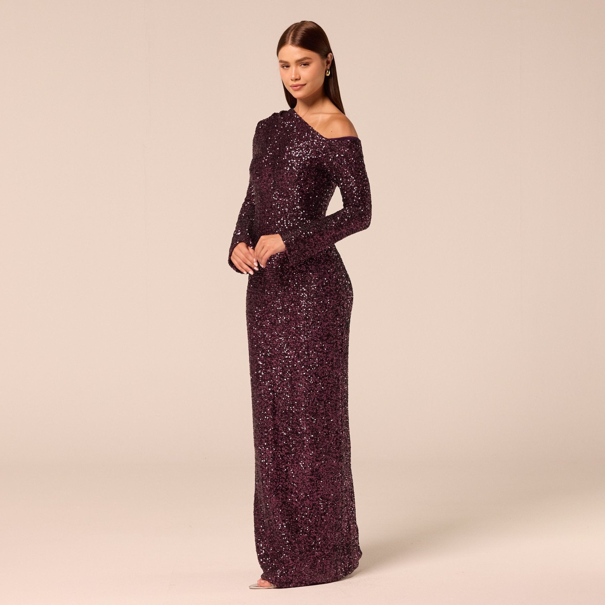 Purple Long-Sleeve Sequin Maxi Dress - shopaleena
