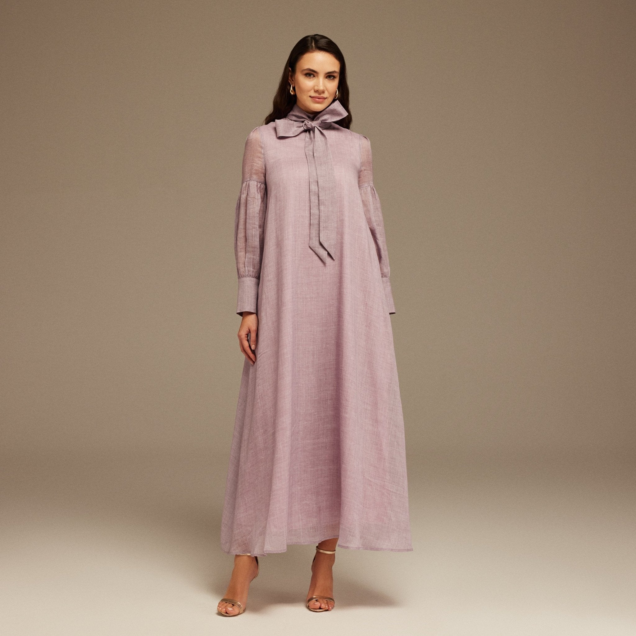 Purple Long Sleeve With Neck Bow Dress - shopaleena