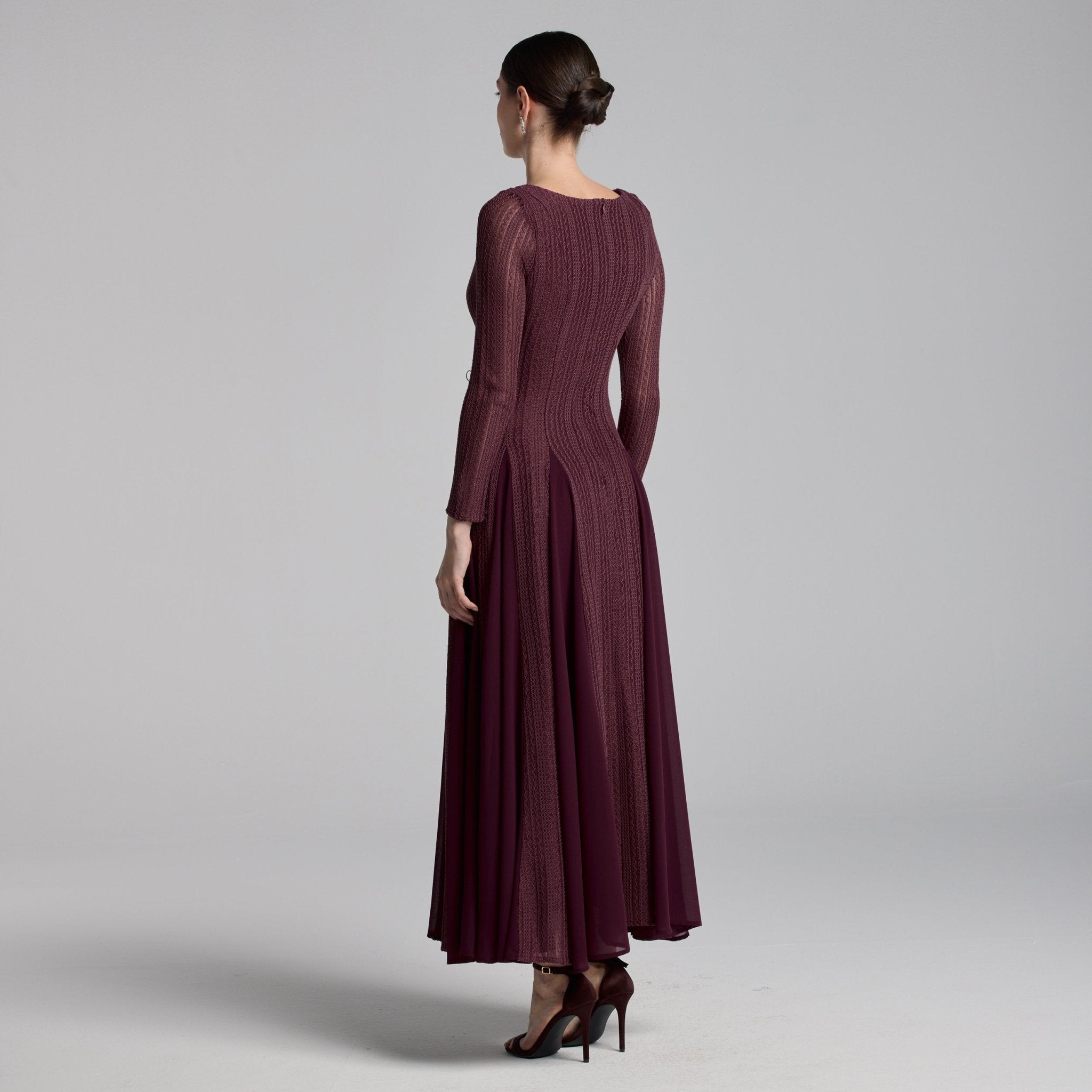 Purple Long Sleeves Godet Maxi Dress - shopaleena