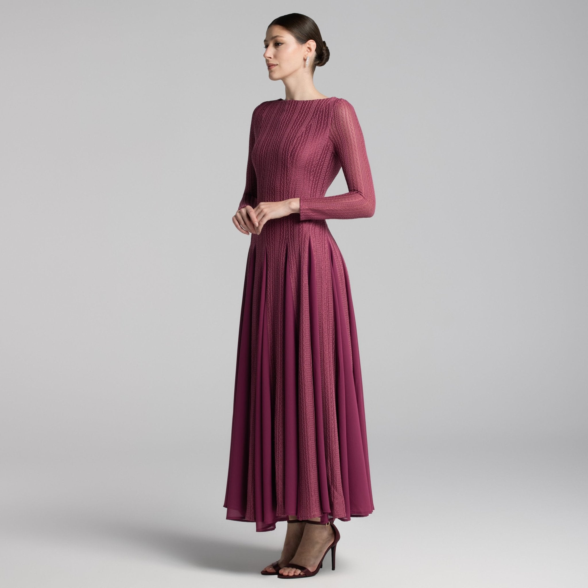 Purple Long Sleeves Godet Maxi Dress - shopaleena