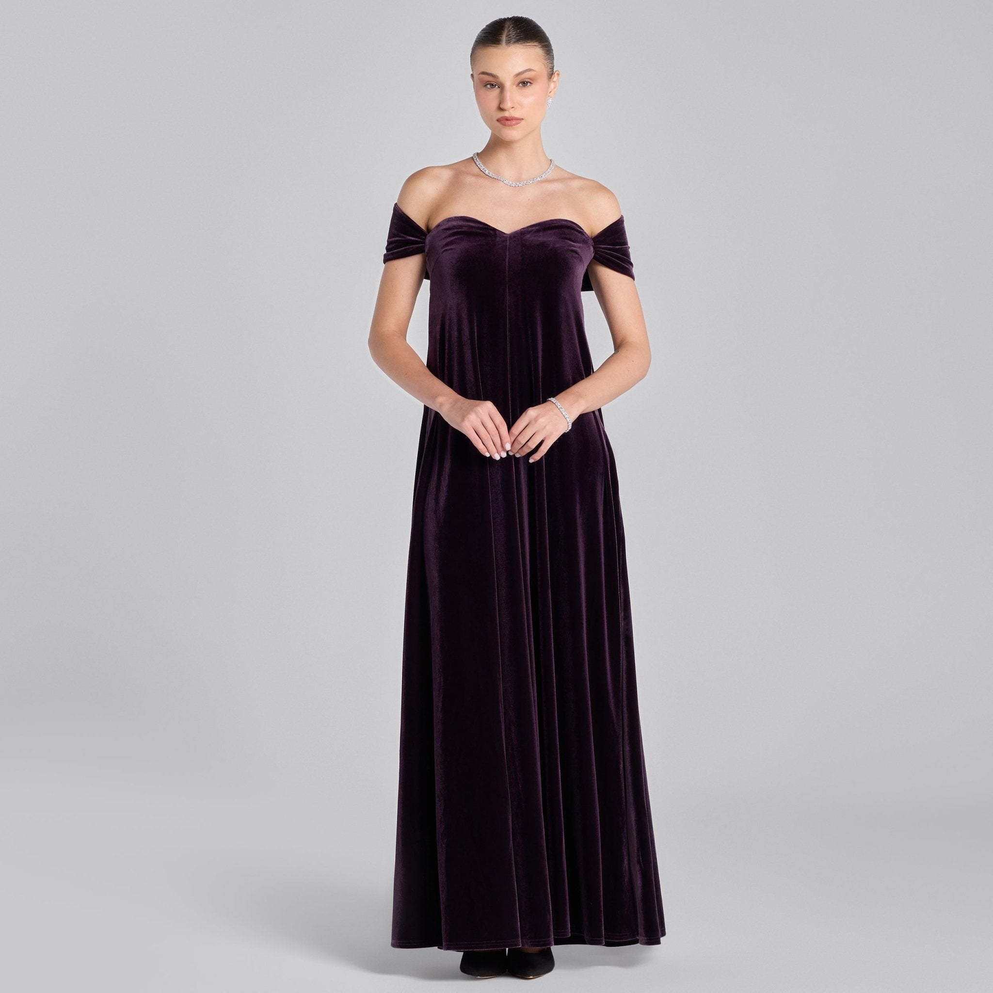 Purple Off Shoulder Sweetheart Neckline Velvet Gown - shopaleena