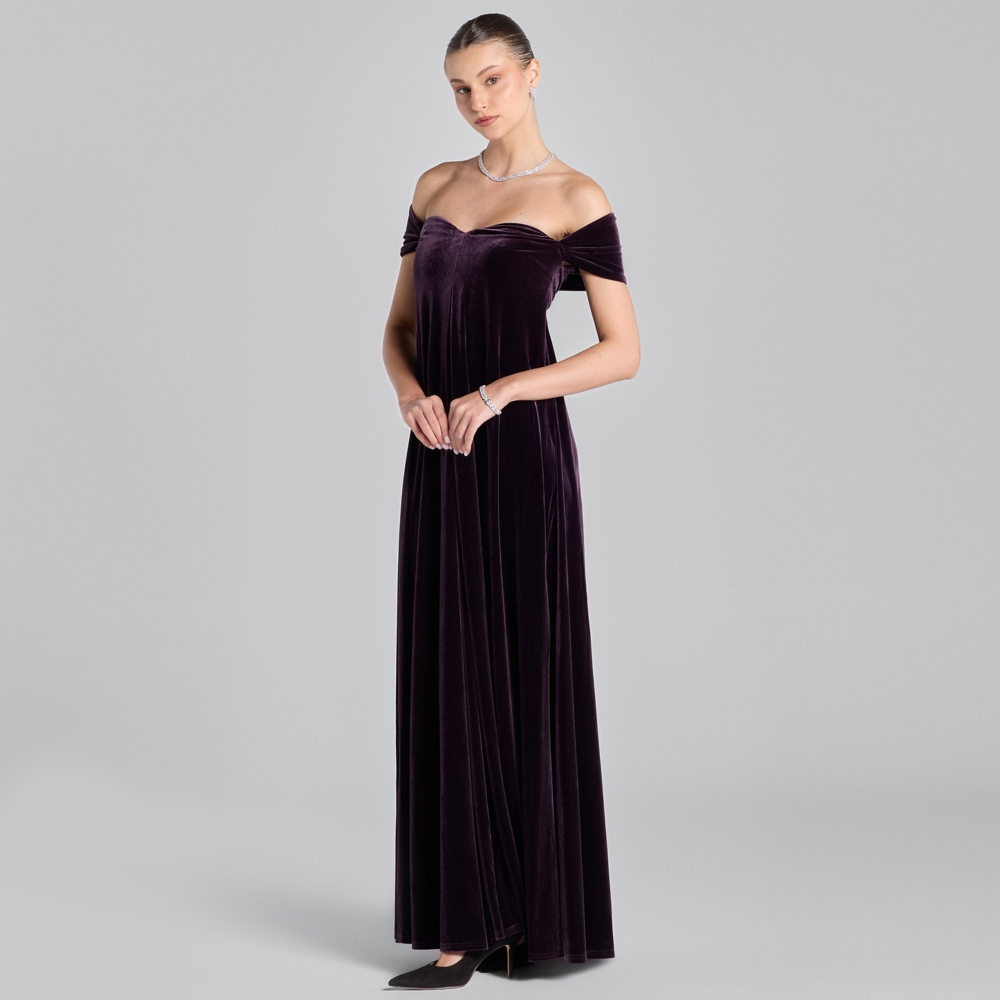 Purple Off Shoulder Sweetheart Neckline Velvet Gown - shopaleena