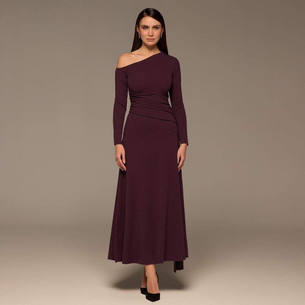 Purple One-Shoulder Drape Waist Crepe Dress shopaleena Purple One-Shoulder Drape Waist Crepe Dress shopaleena