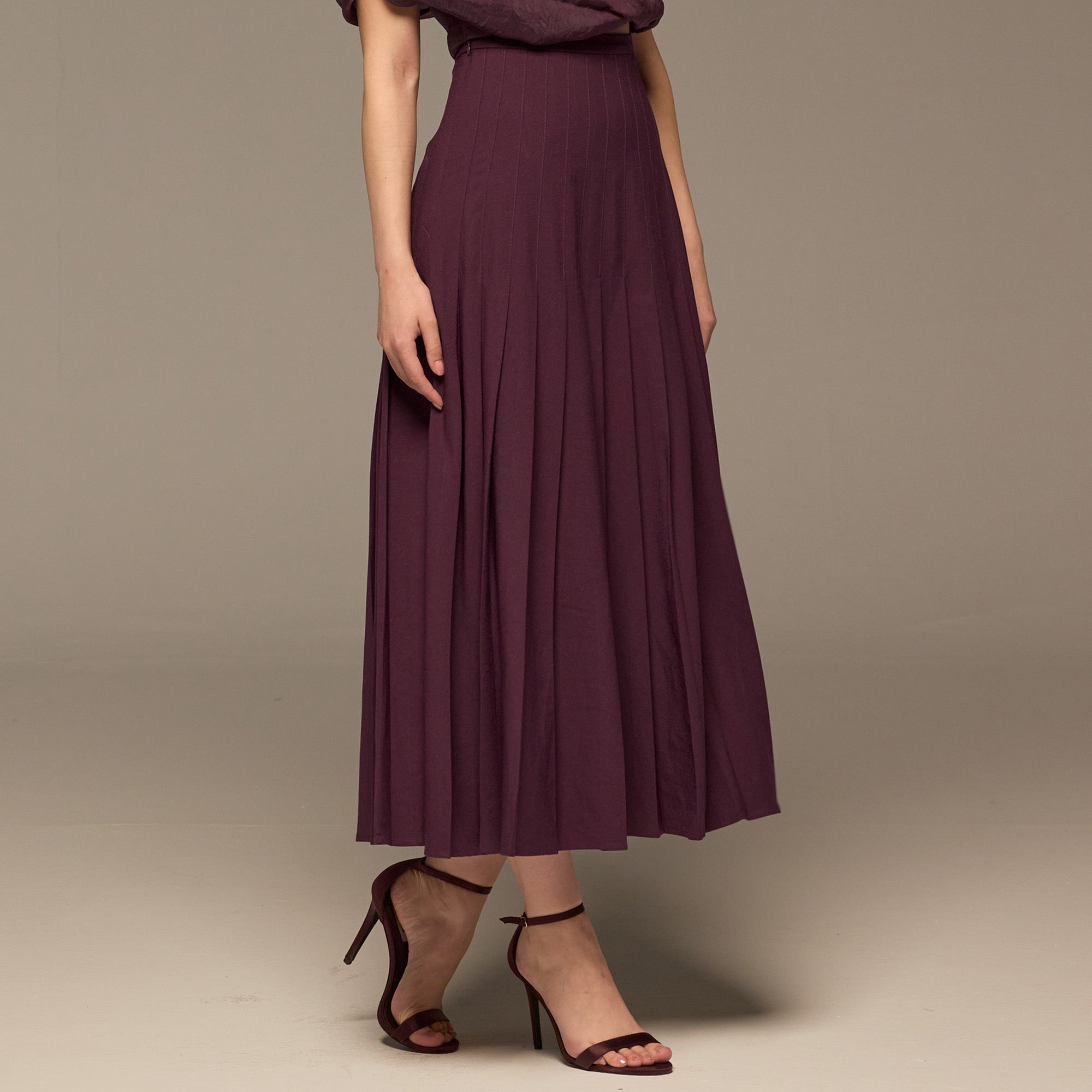Purple Pleated A Line Crepe Skirt - shopaleena