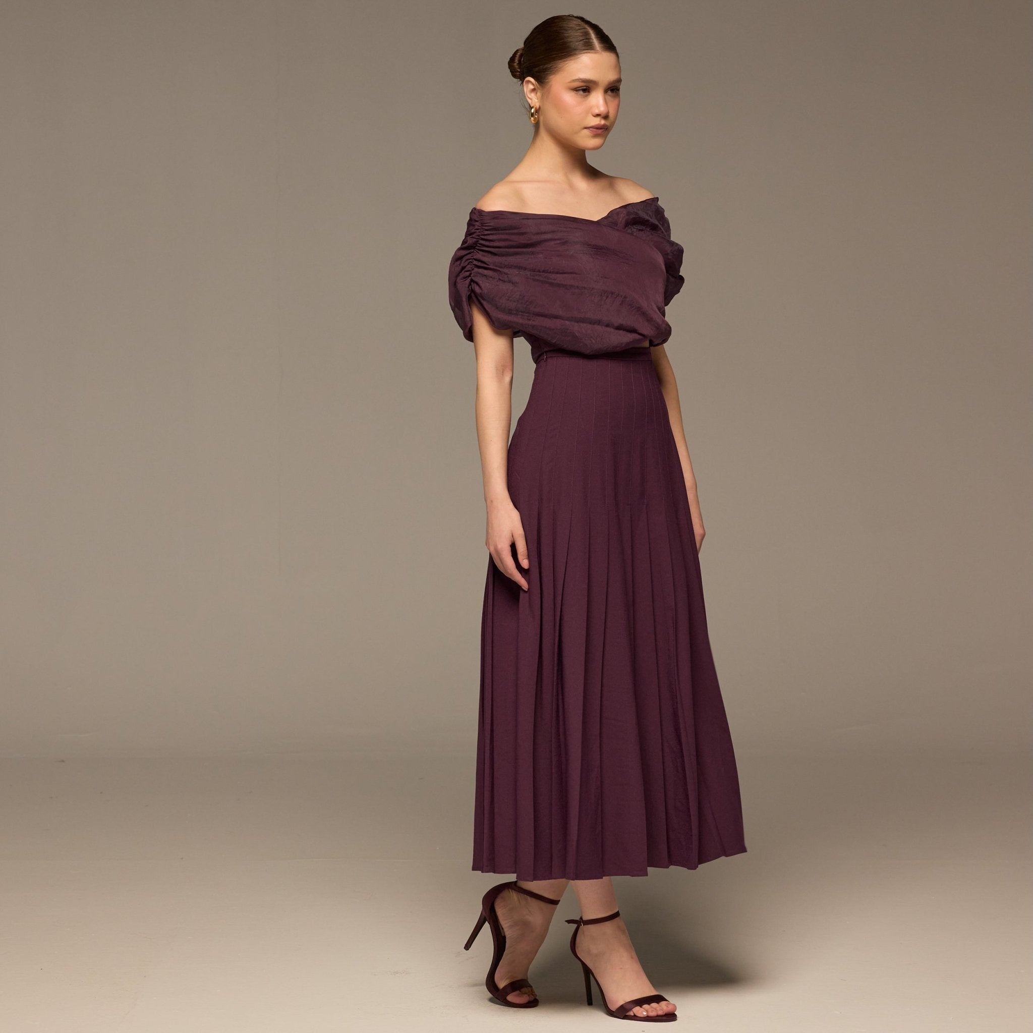 Purple Pleated A Line Crepe Skirt - shopaleena