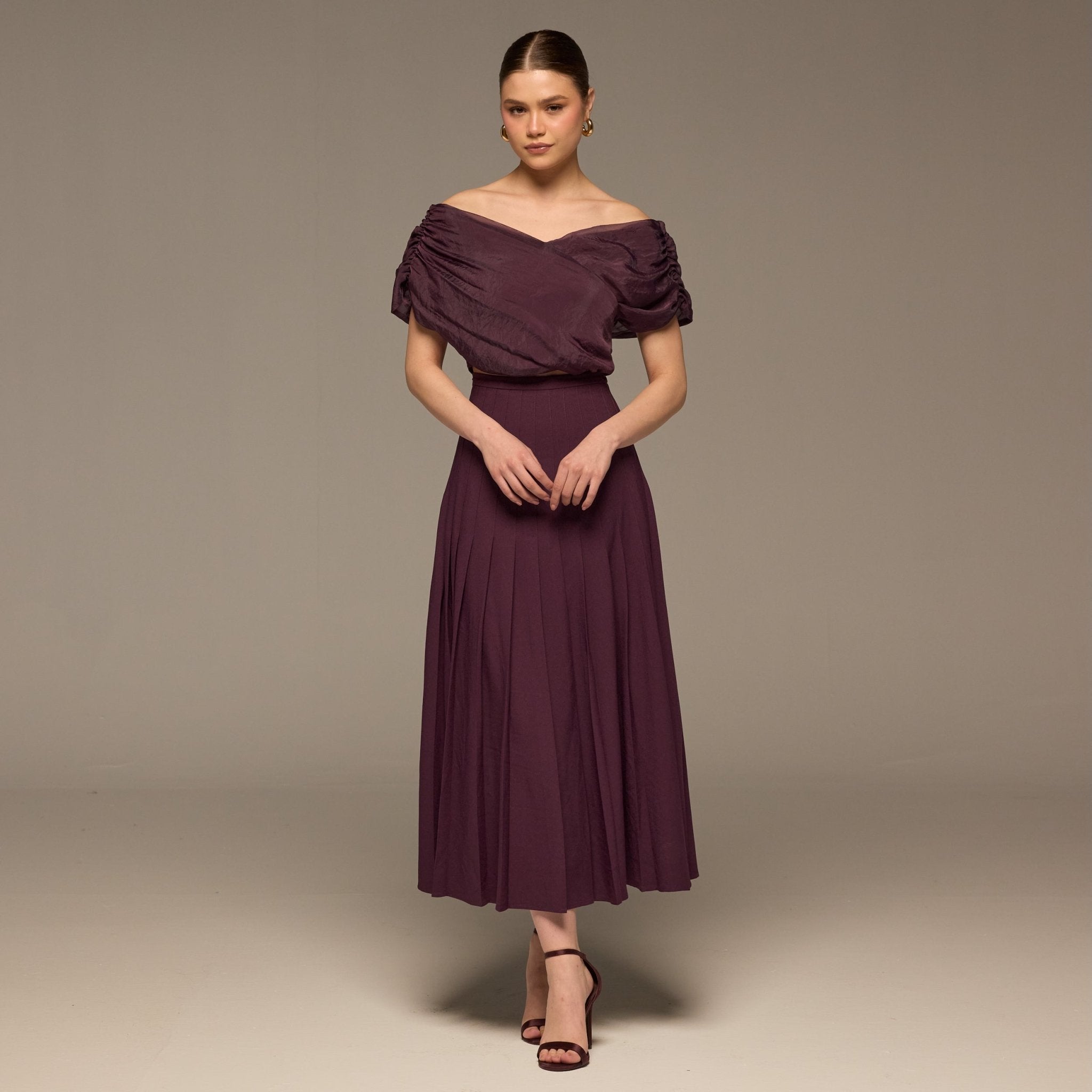 Purple Pleated A Line Crepe Skirt - shopaleena
