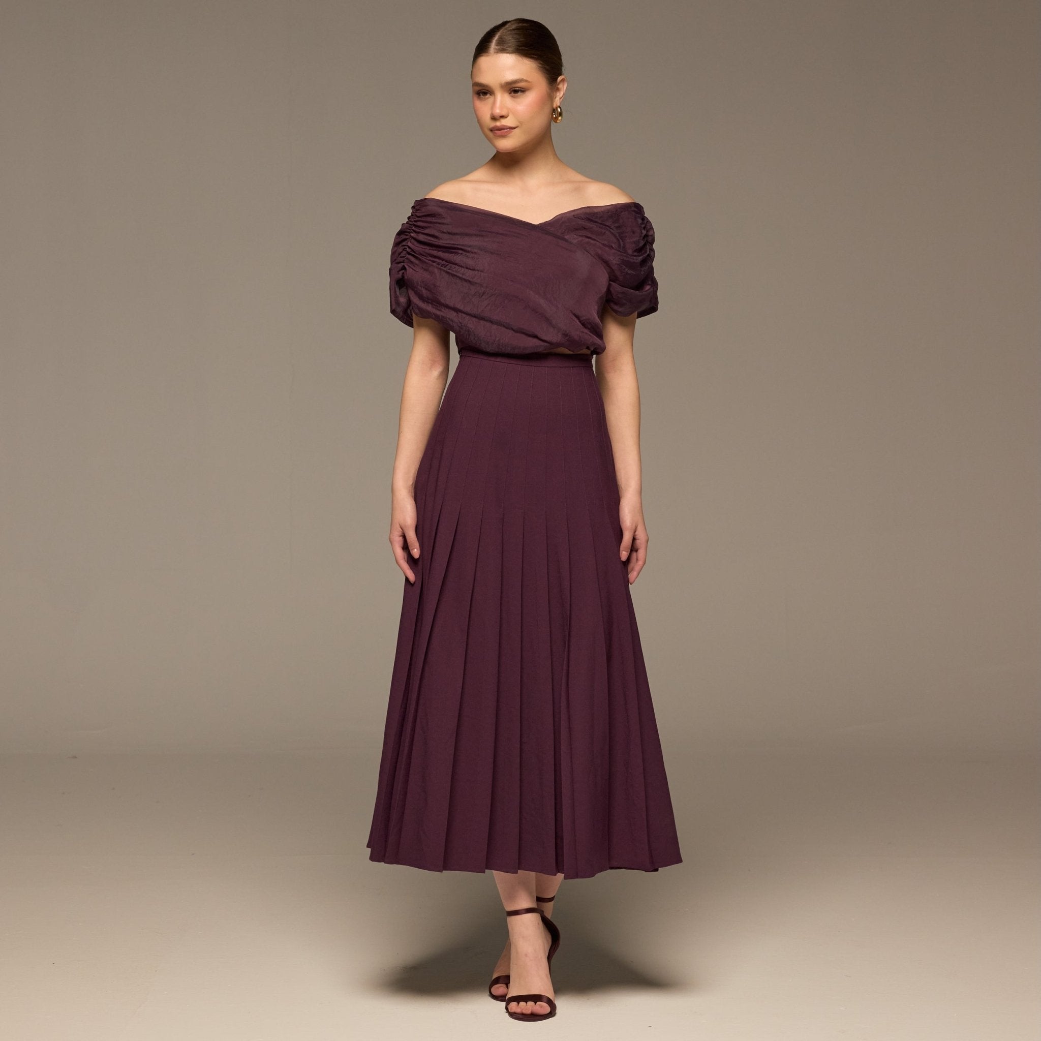 Purple Pleated A Line Crepe Skirt - shopaleena