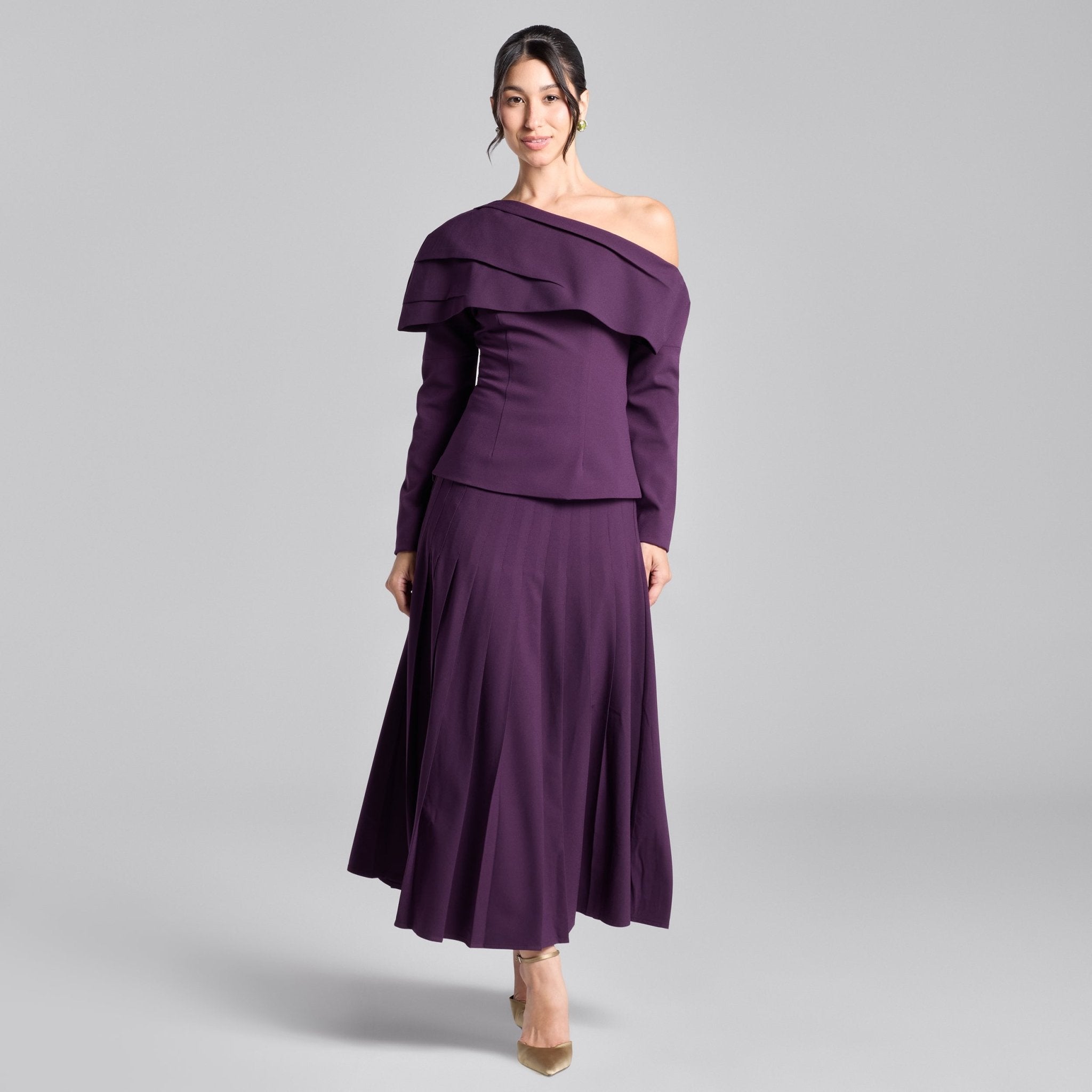 Purple Pleated Crepe Maxi Skirt - shopaleena