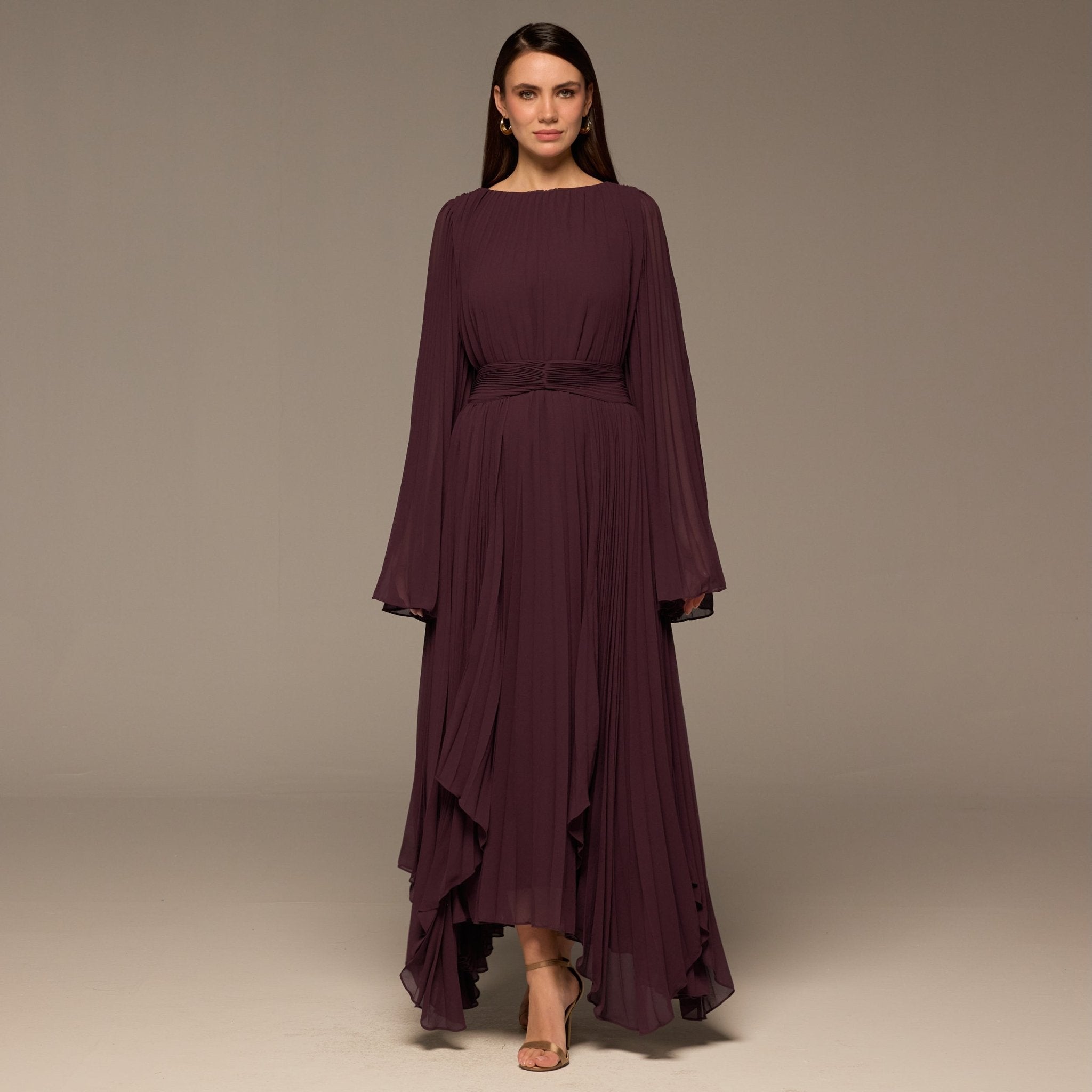 Purple Pleated Long Sleeve Chiffon Maxi Dress - shopaleena