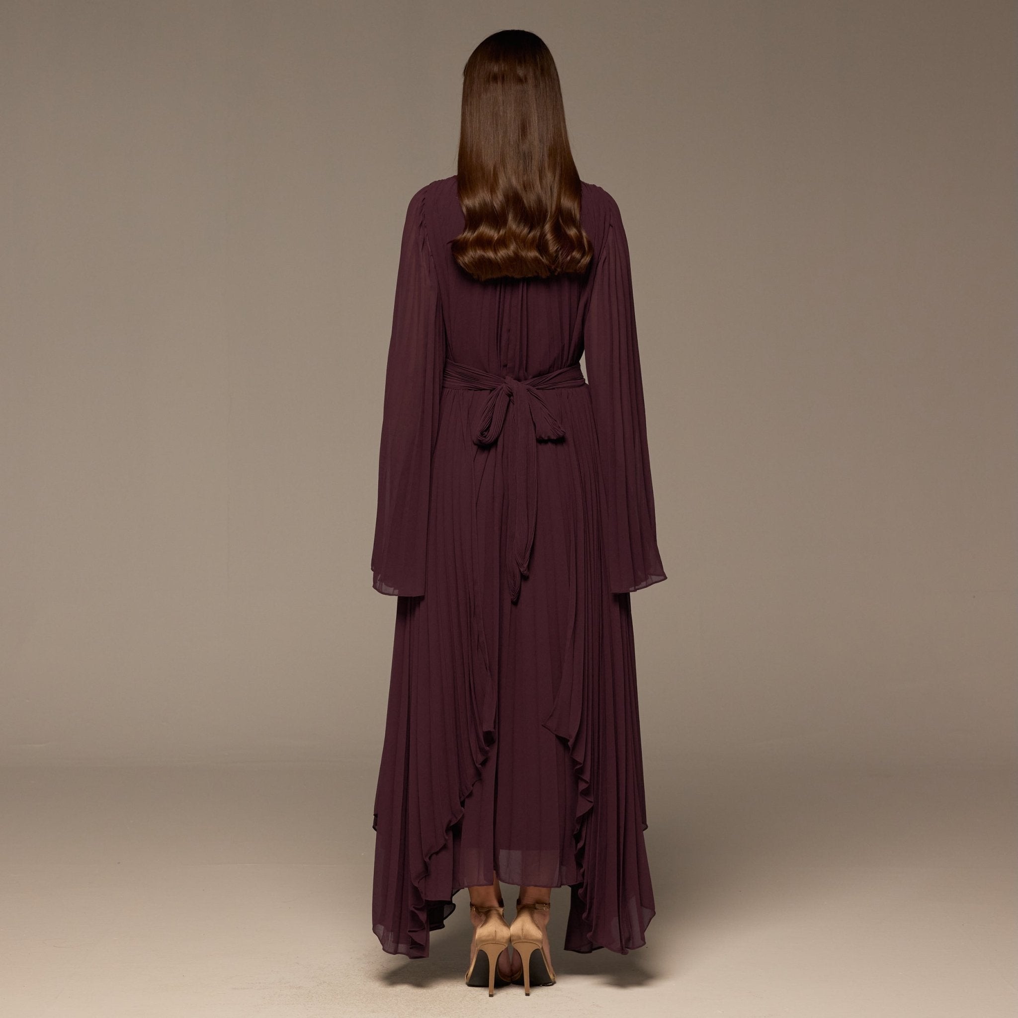 Purple Pleated Long Sleeve Chiffon Maxi Dress - shopaleena