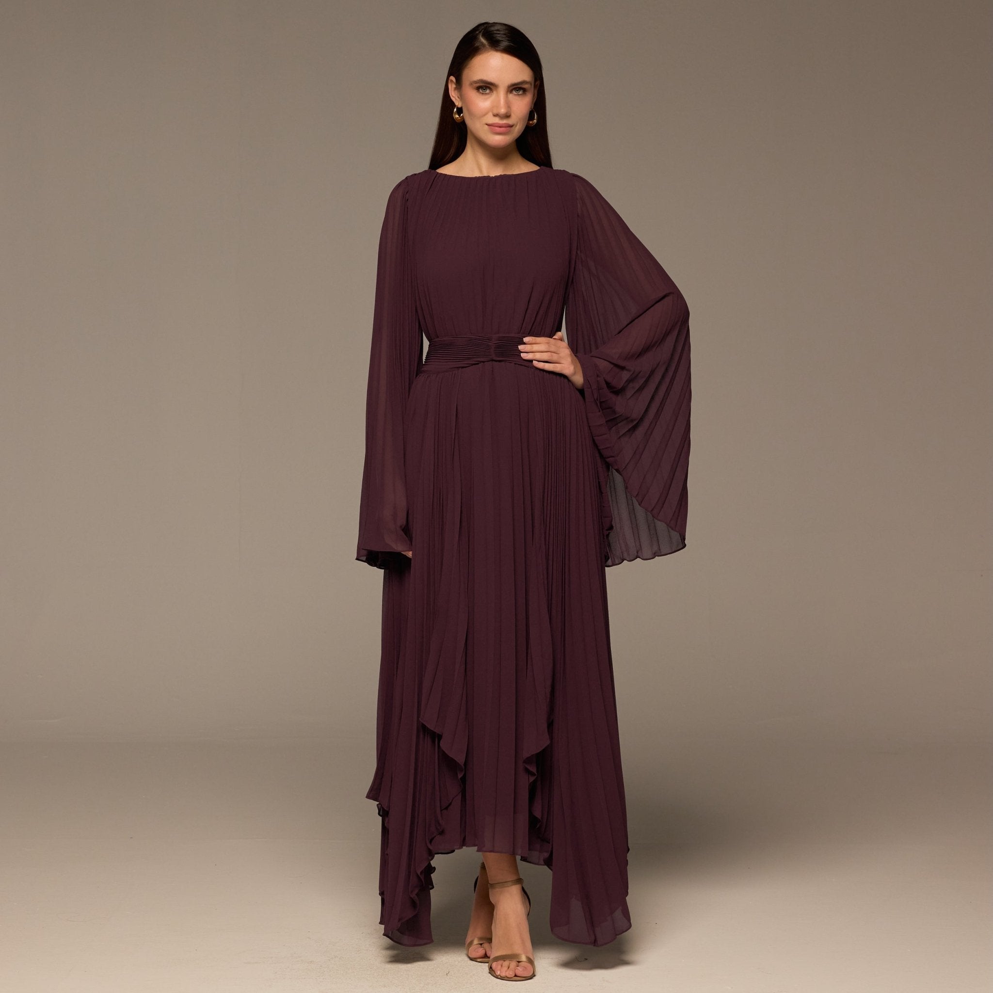 Purple Pleated Long Sleeve Chiffon Maxi Dress - shopaleena