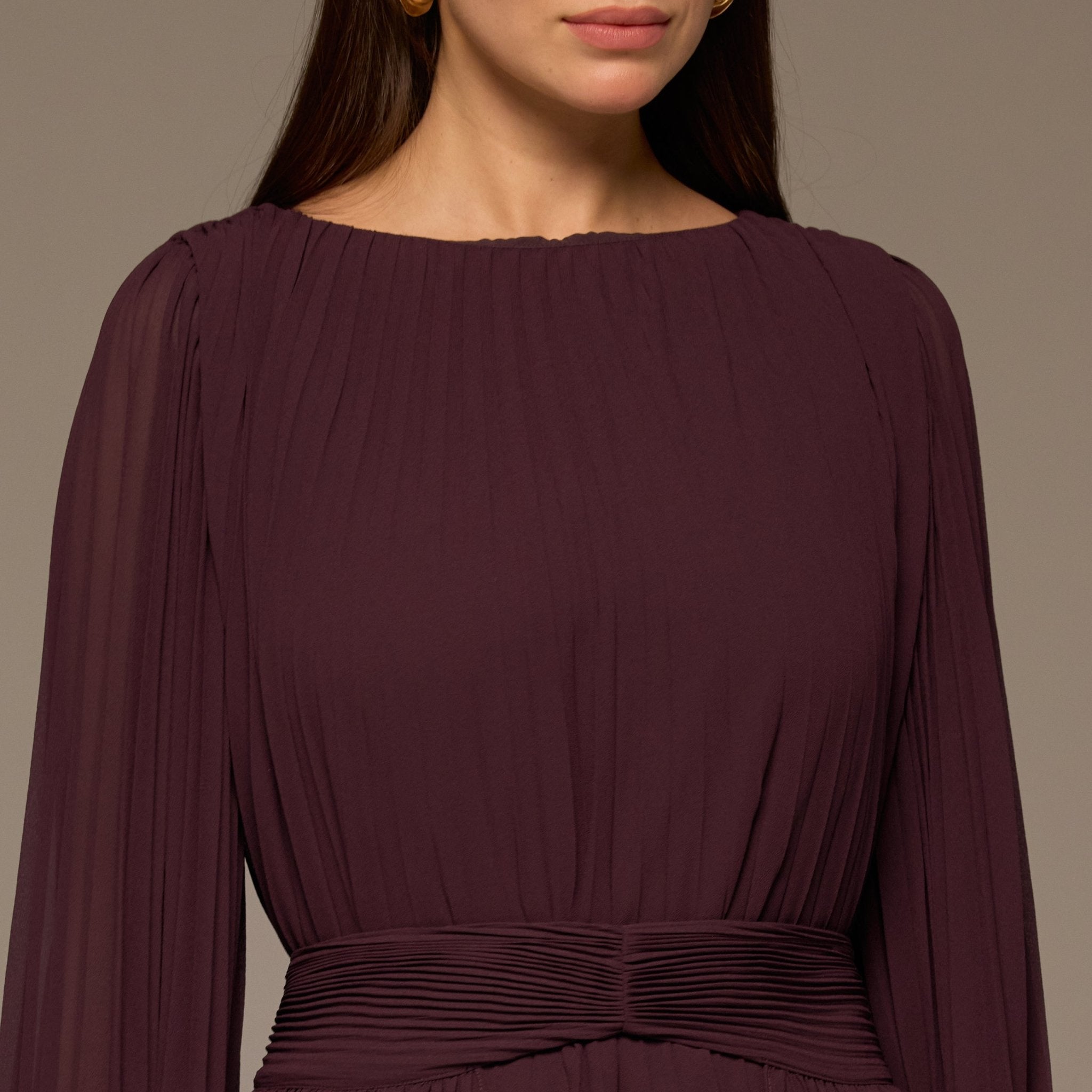 Purple Pleated Long Sleeve Chiffon Maxi Dress - shopaleena