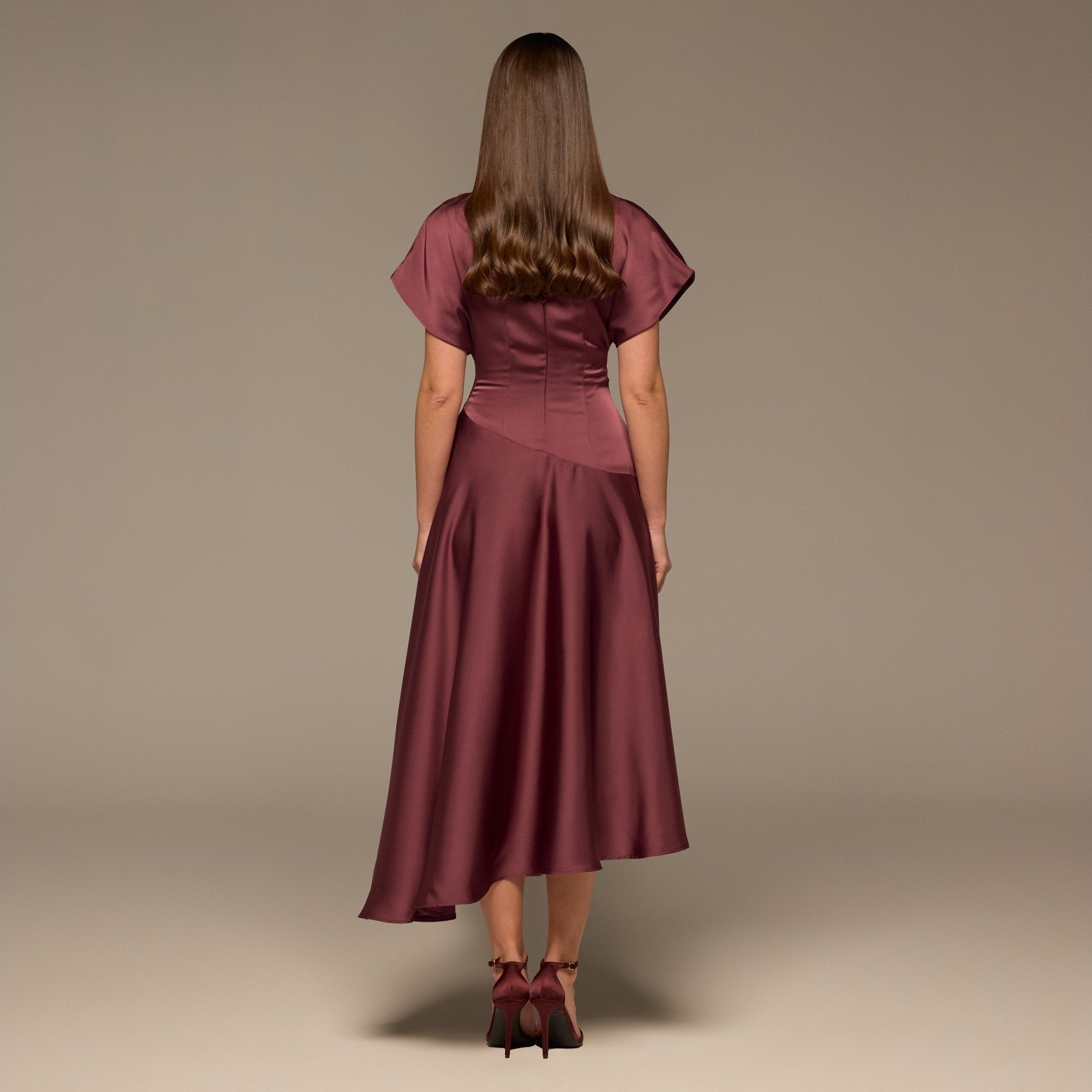 Purple Short Sleeve Asymmetric Satin Dress - shopaleena