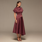 Purple Short Sleeve Asymmetric Satin Dress - shopaleena