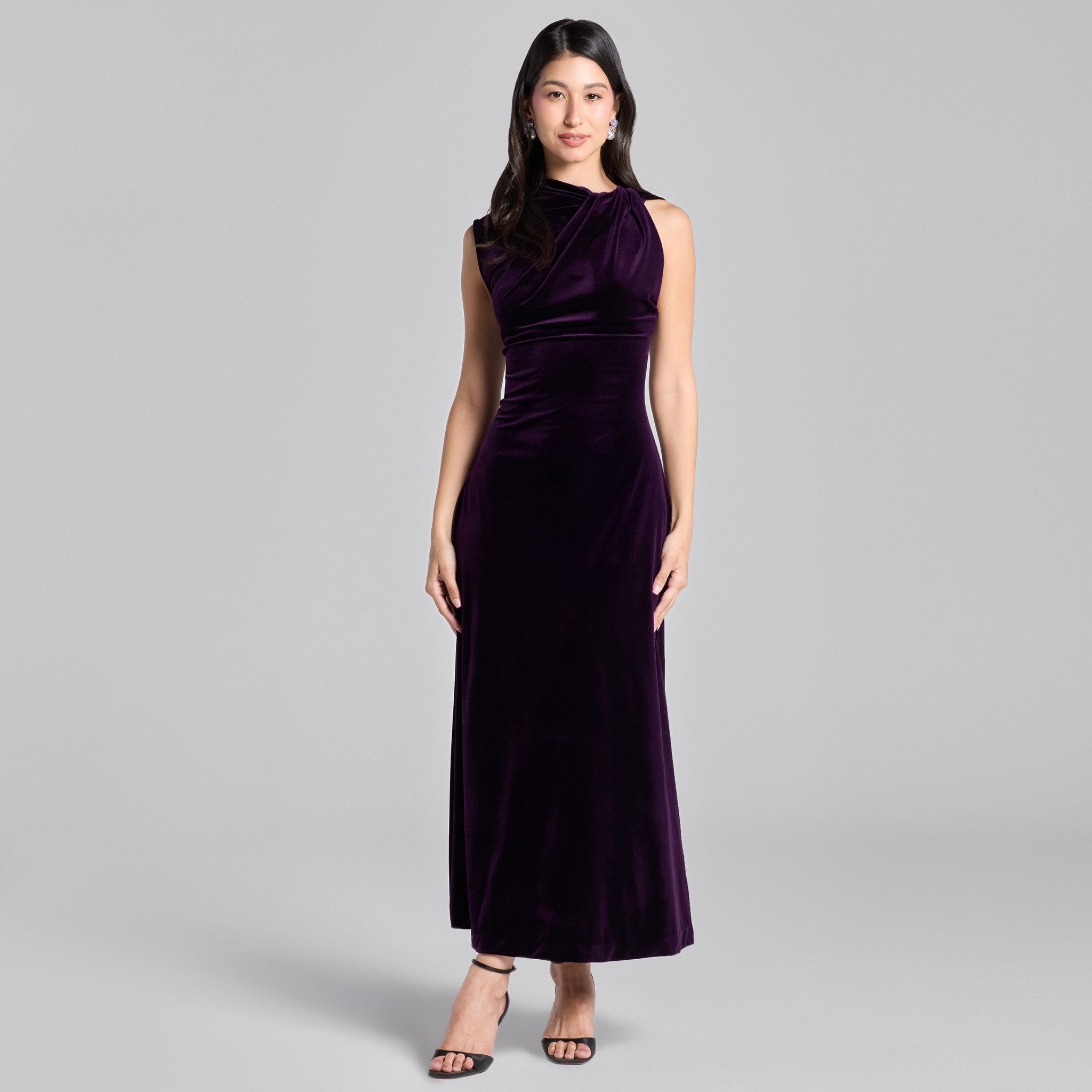 Purple Shoulder Knot Velvet Maxi Dress - shopaleena