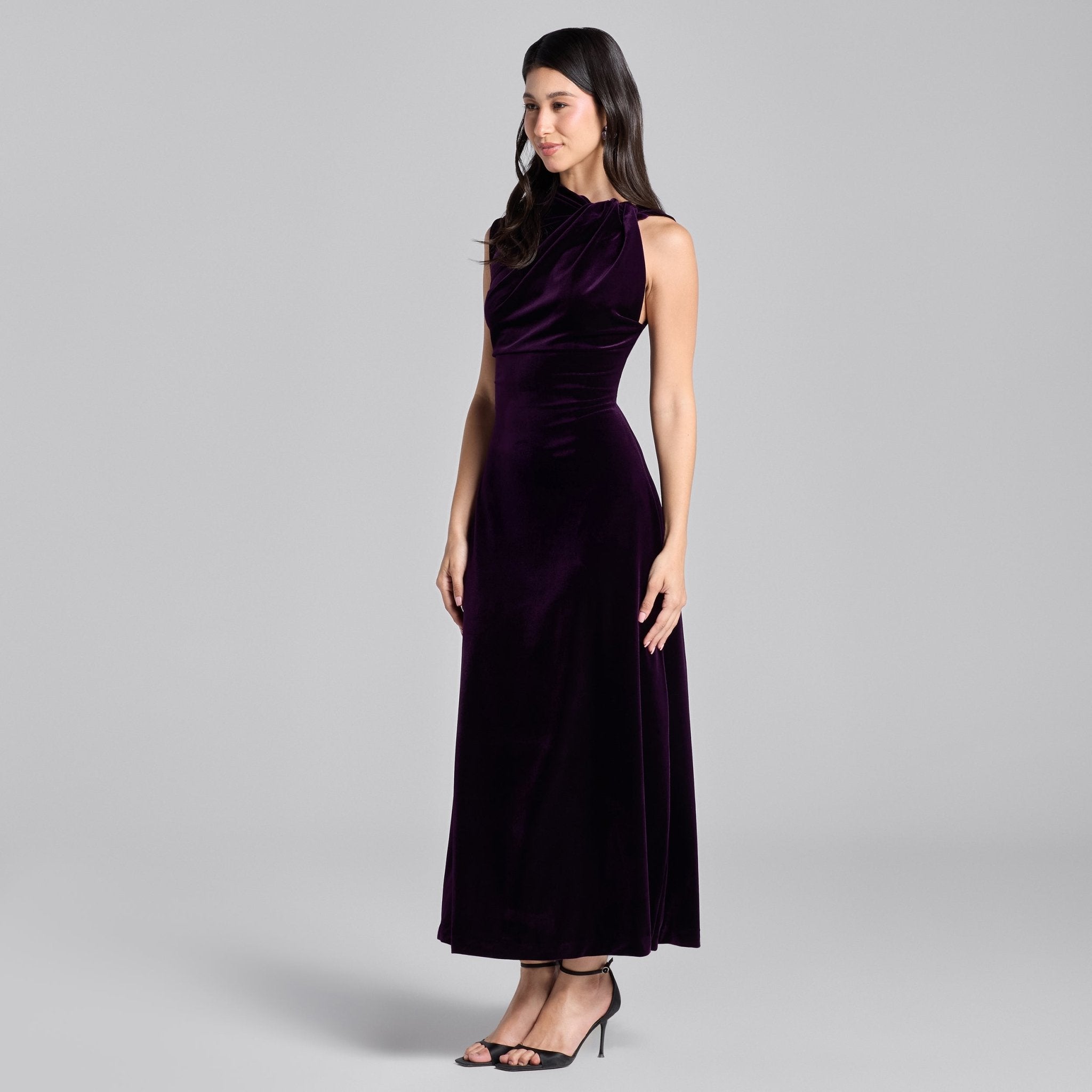 Purple Shoulder Knot Velvet Maxi Dress - shopaleena