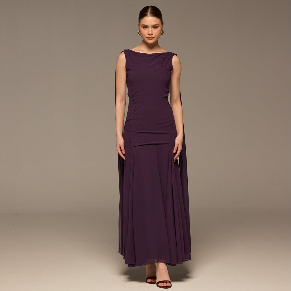 Purple Sleeveless Embroidered Chiffon Maxi Dress - shopaleena