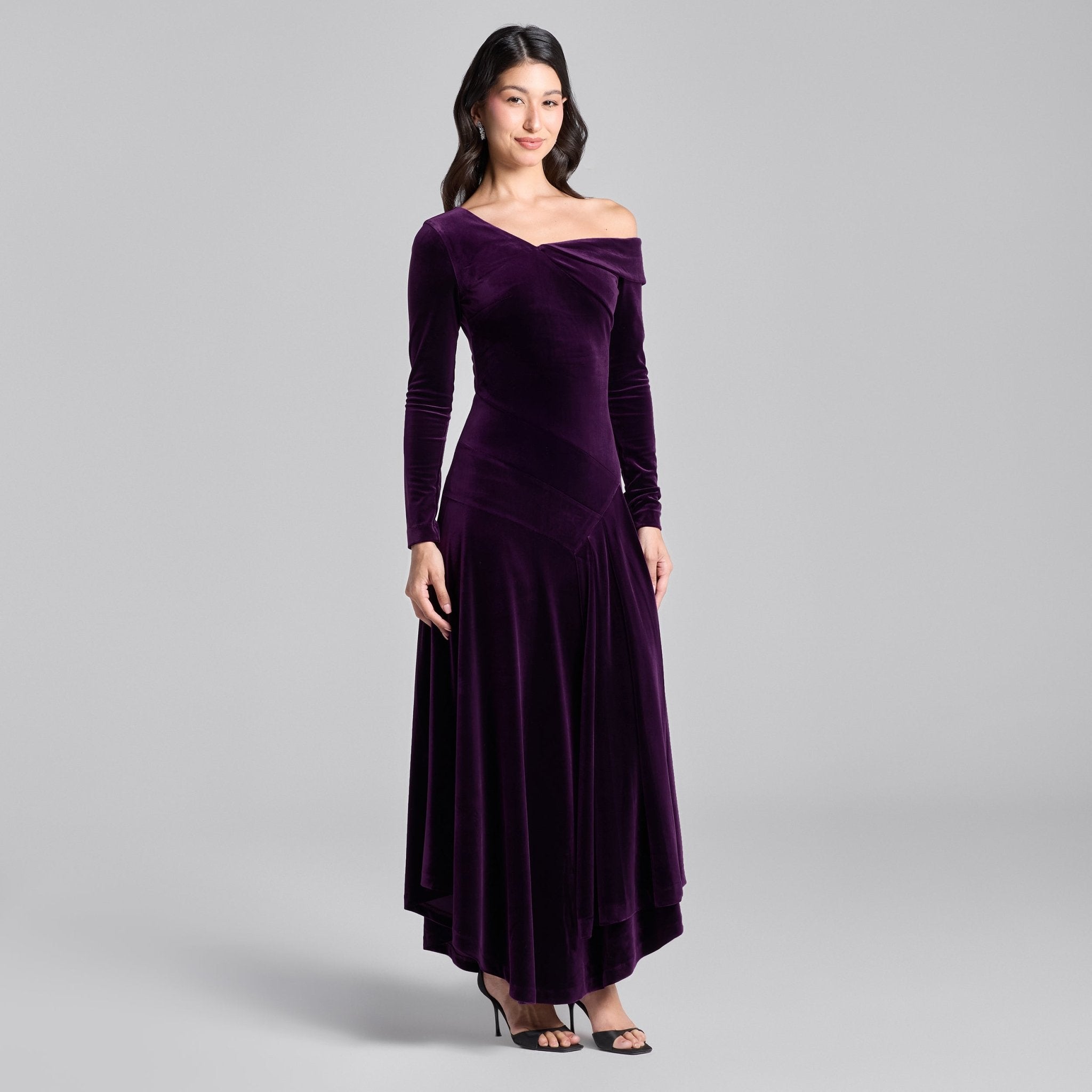 Purple Velvet Asymmetric Neckline Midi Dress - shopaleena