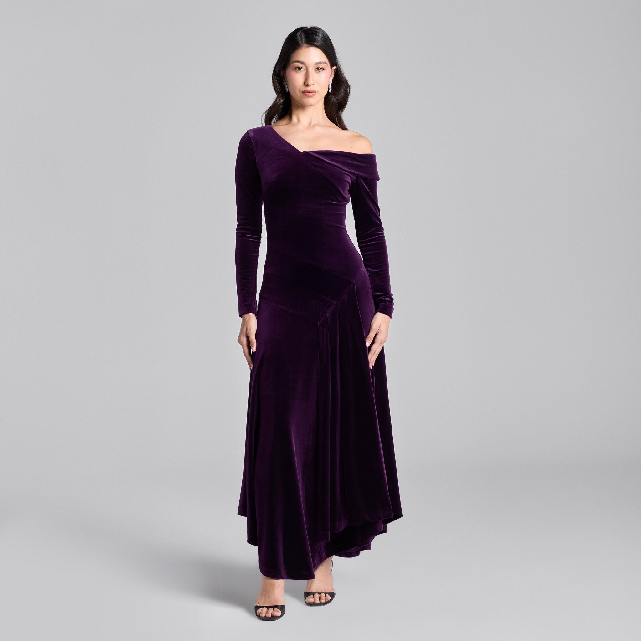 Purple Velvet Asymmetric Neckline Midi Dress - shopaleena