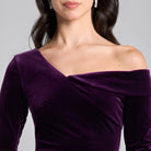 Purple Velvet Asymmetric Neckline Midi Dress - shopaleena