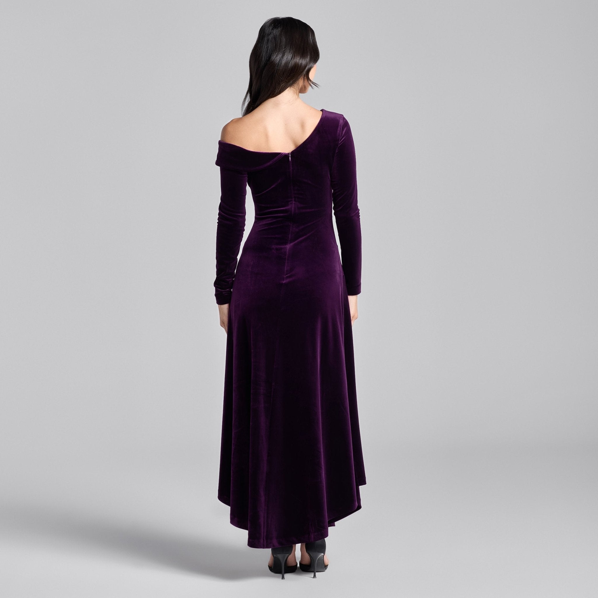 Purple Velvet Asymmetric Neckline Midi Dress - shopaleena