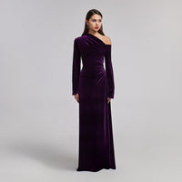 Purple Velvet Bare Shoulder Maxi Dress - shopaleena