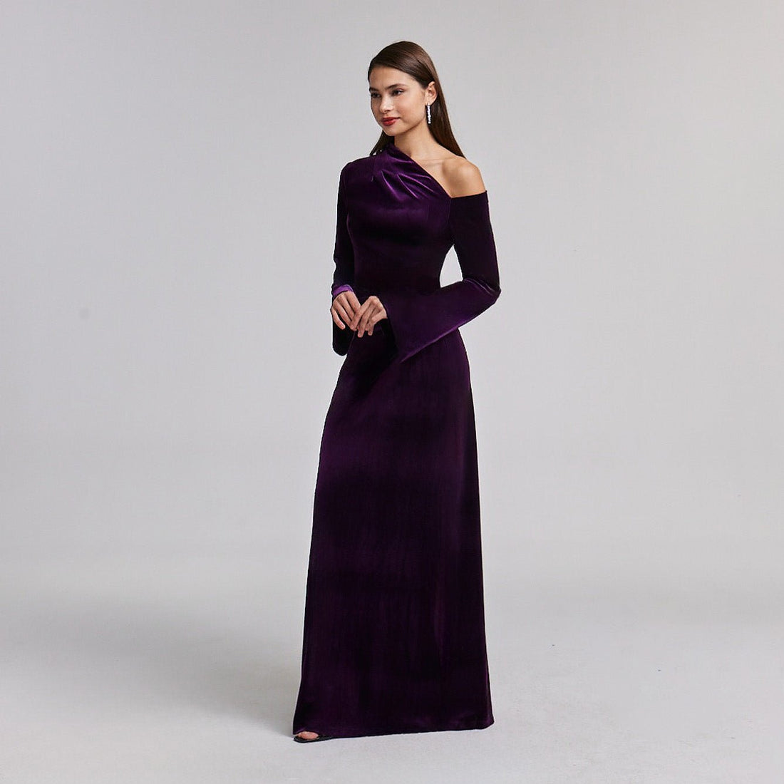 Purple Velvet Bare Shoulder Maxi Dress - shopaleena