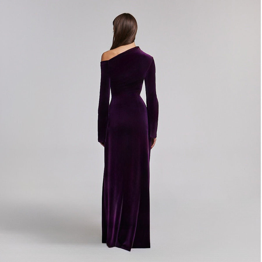 Purple Velvet Bare Shoulder Maxi Dress - shopaleena