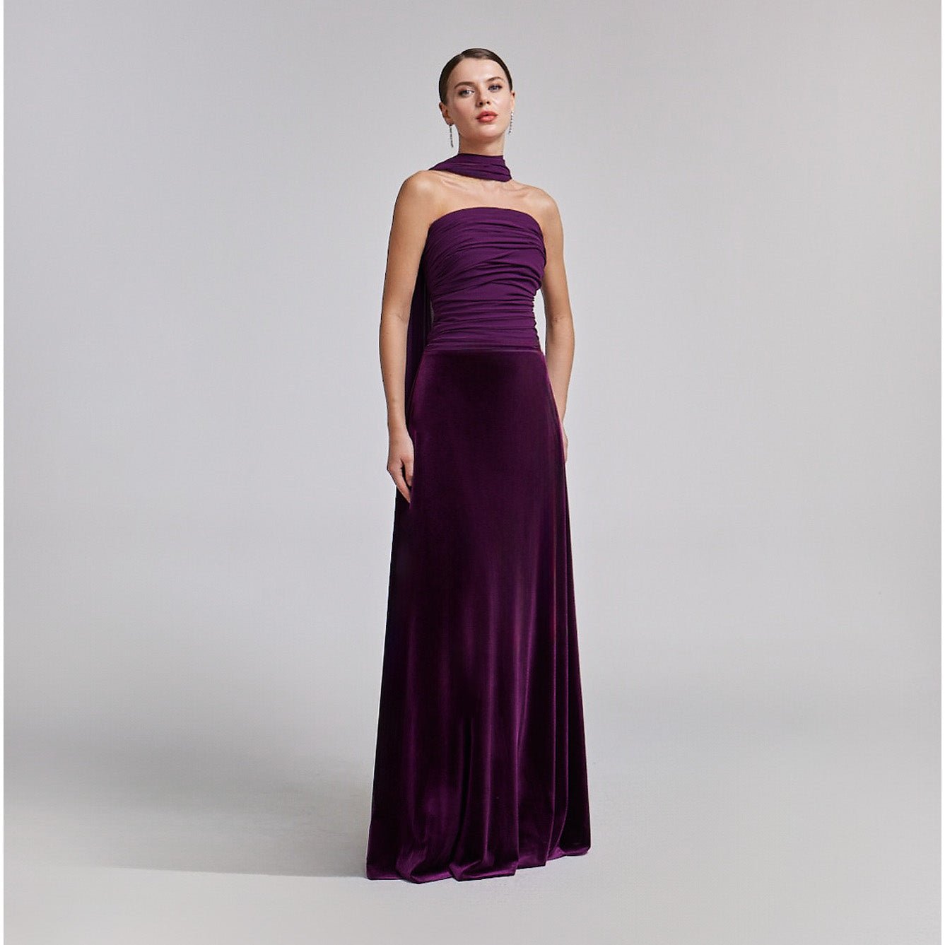 Purple Velvet - Chiffon Strapless Gown with Draped Scarf - shopaleena