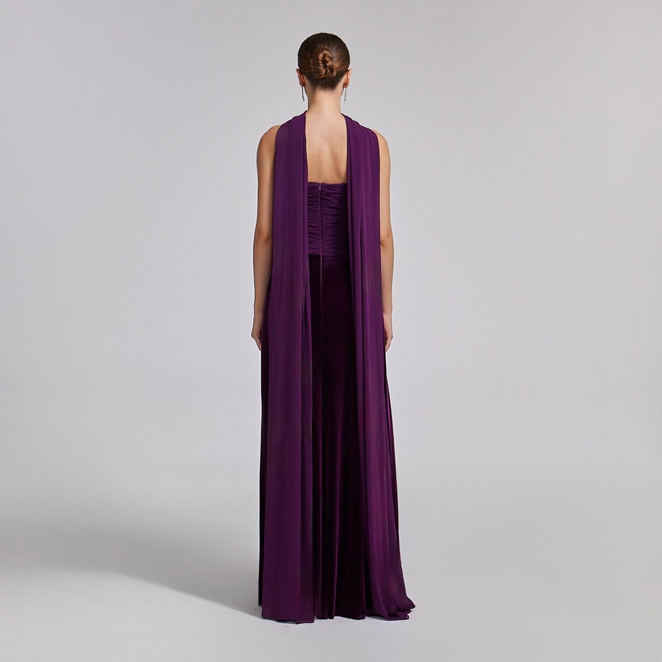 Purple Velvet - Chiffon Strapless Gown with Draped Scarf - shopaleena