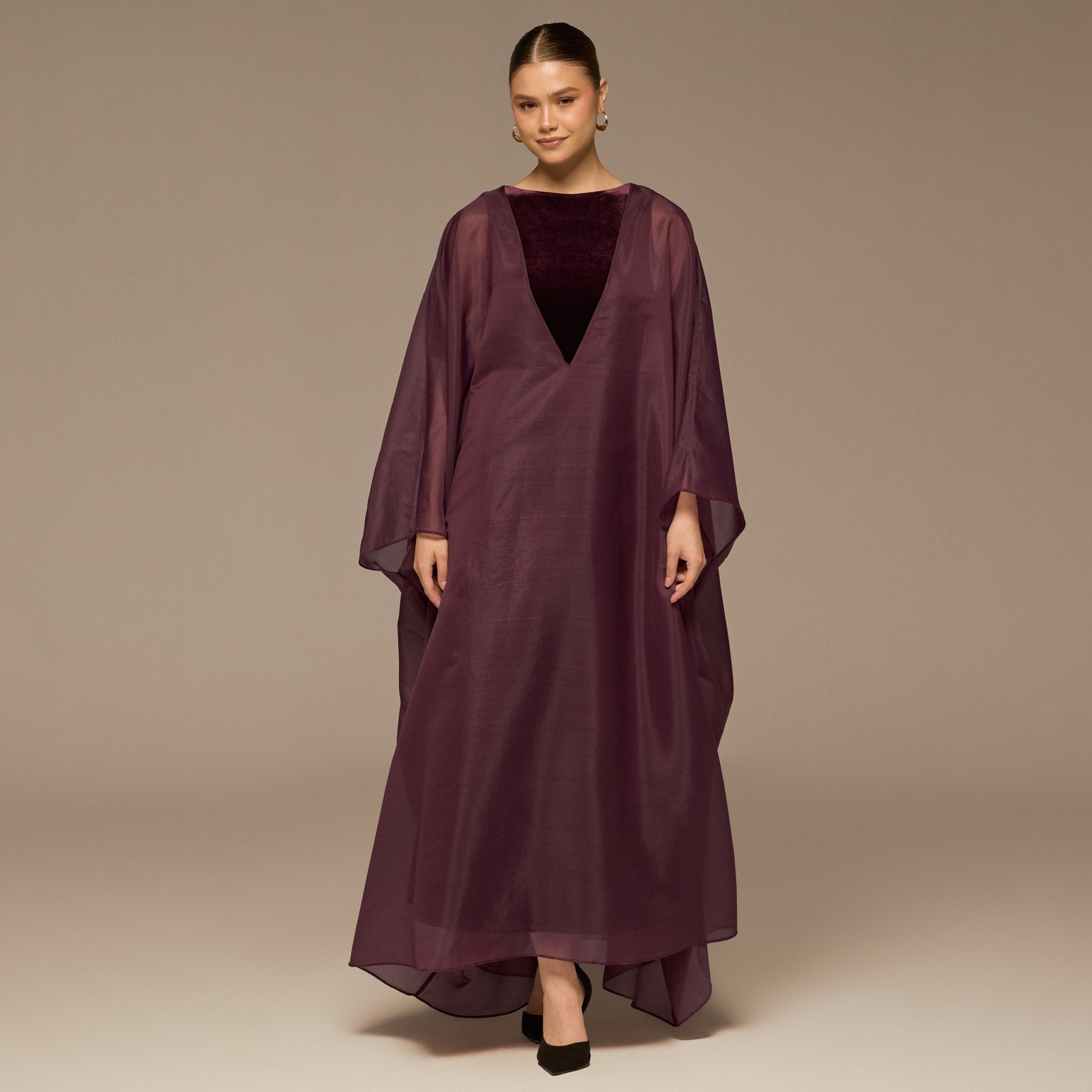 Purple Velvet Dress with Sheer Organza Cape - shopaleena