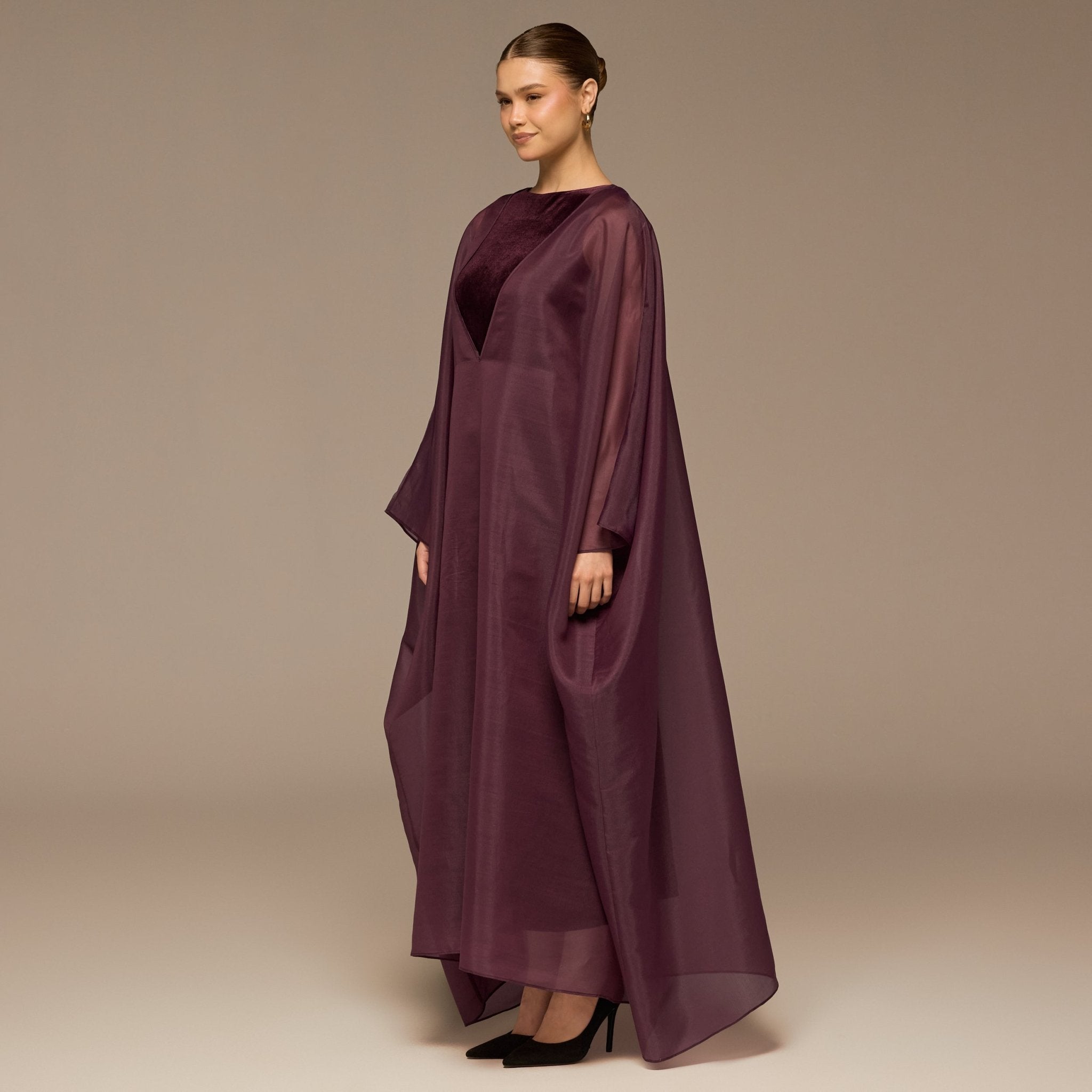 Purple Velvet Dress with Sheer Organza Cape - shopaleena